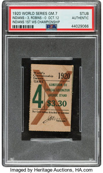 Hake's - 1920 WORLD SERIES TICKET STUB FROM CLEVELAND.