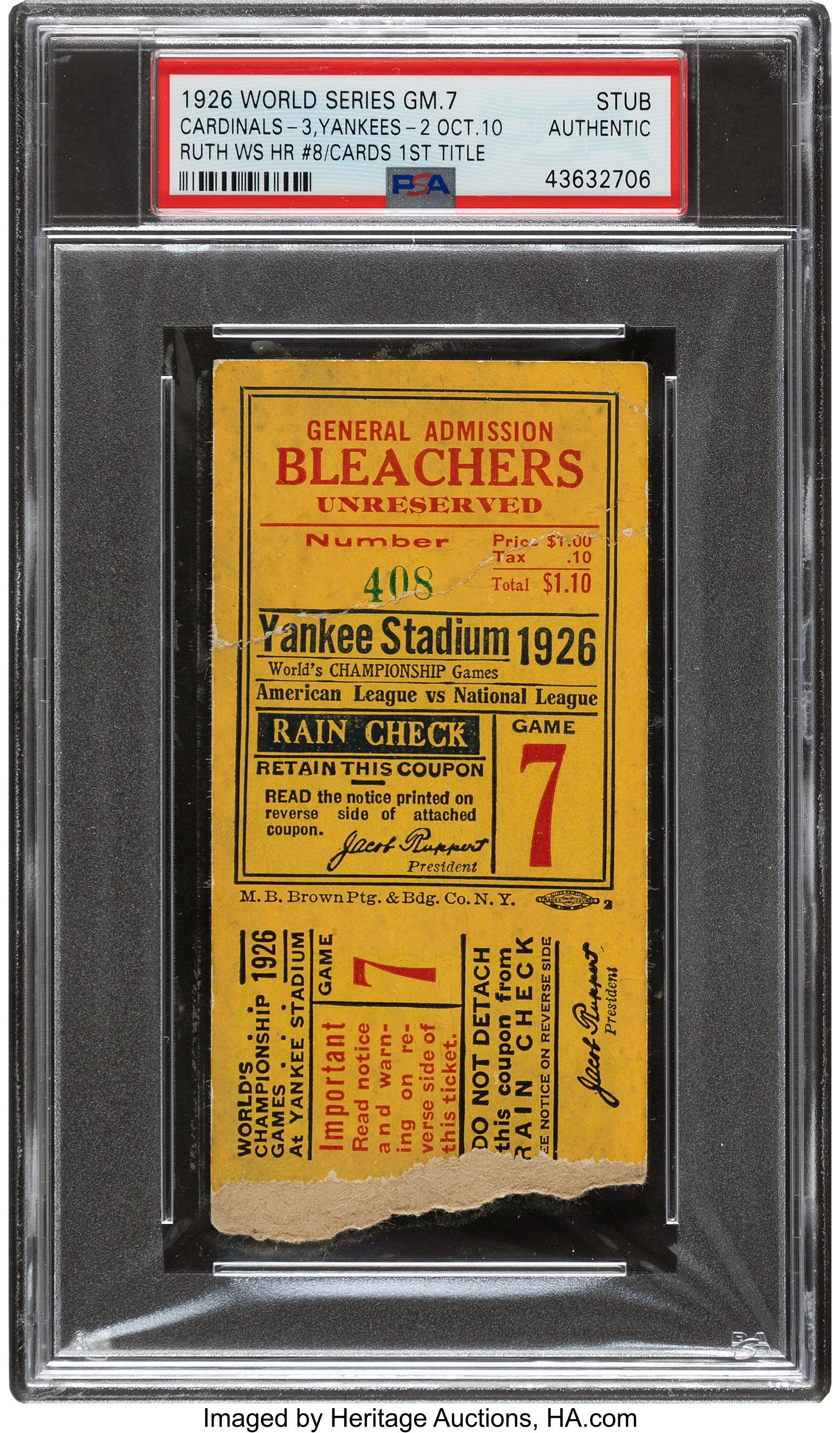 1926 NEW YORK YANKEES World Series Game 7 Ticket - The Dinger Studios