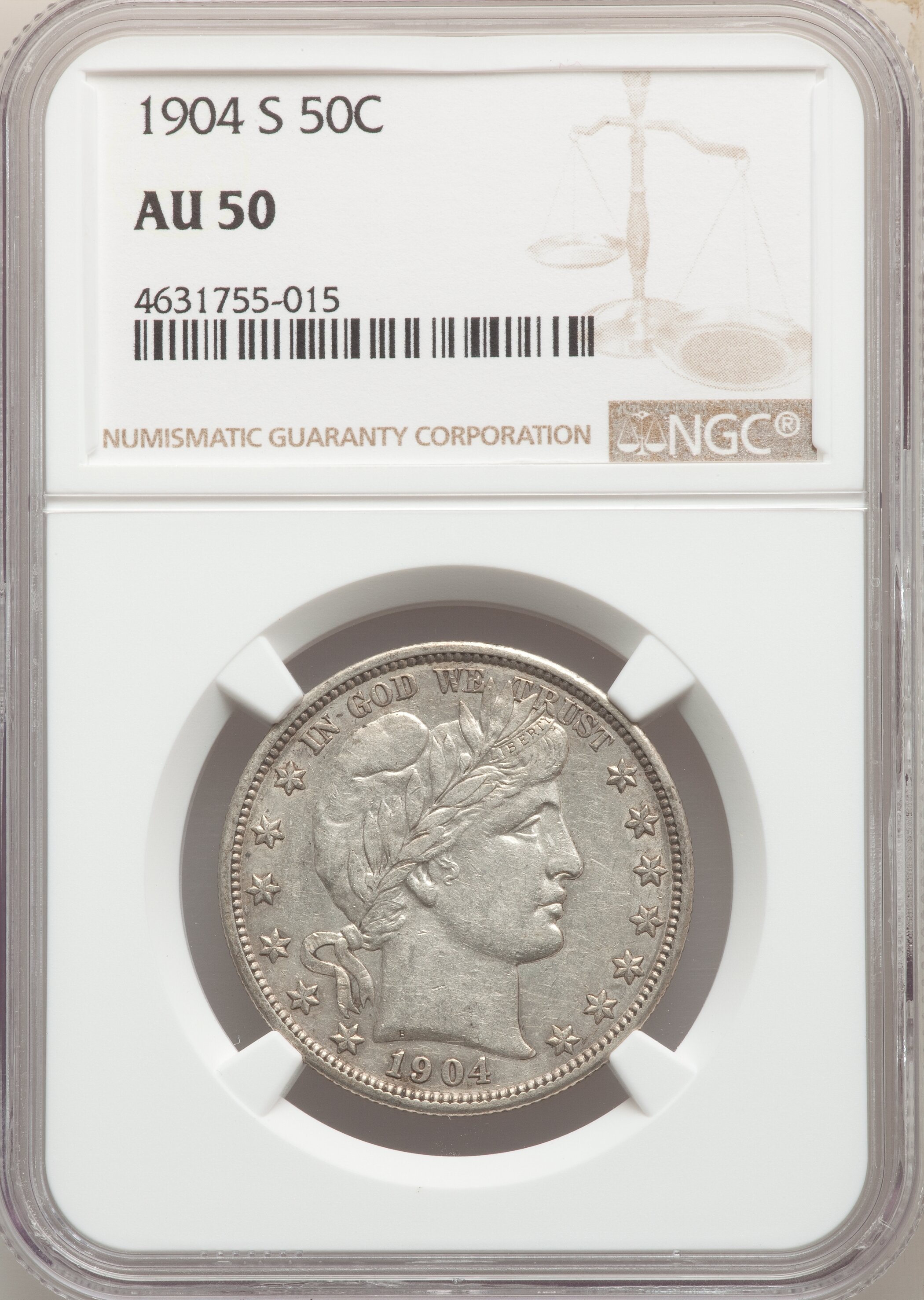 1904-S 50C AU50 NGC. NGC Census: (3/37). PCGS Population: (7