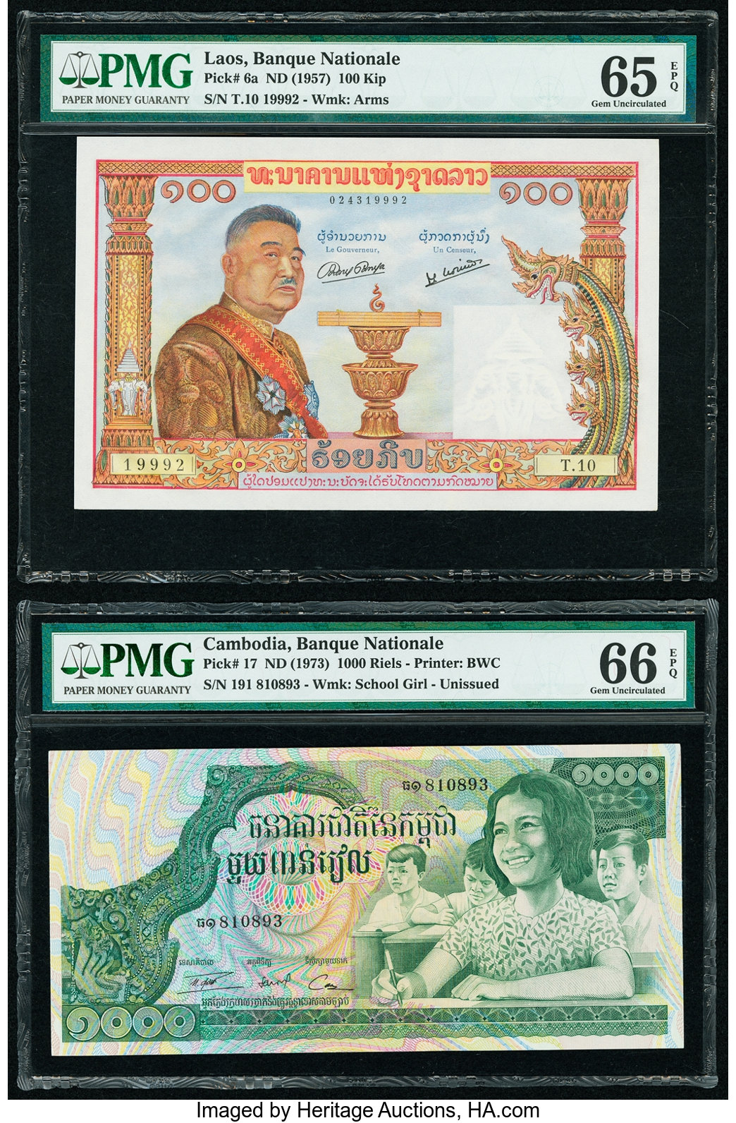 Laos Banque Nationale du Laos 100 Kip ND (1957) Pick 6a PMG Gem