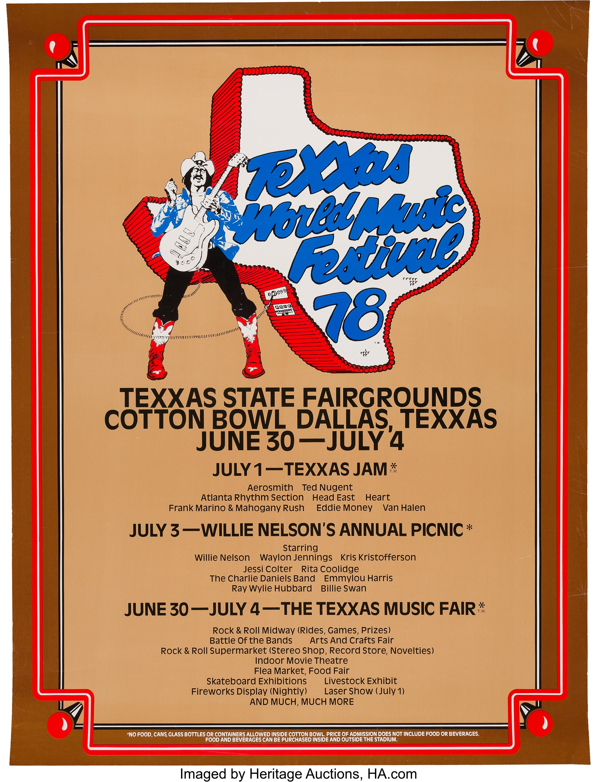 Vintage 1980 Texxas World Music Festival Poster Eagles 