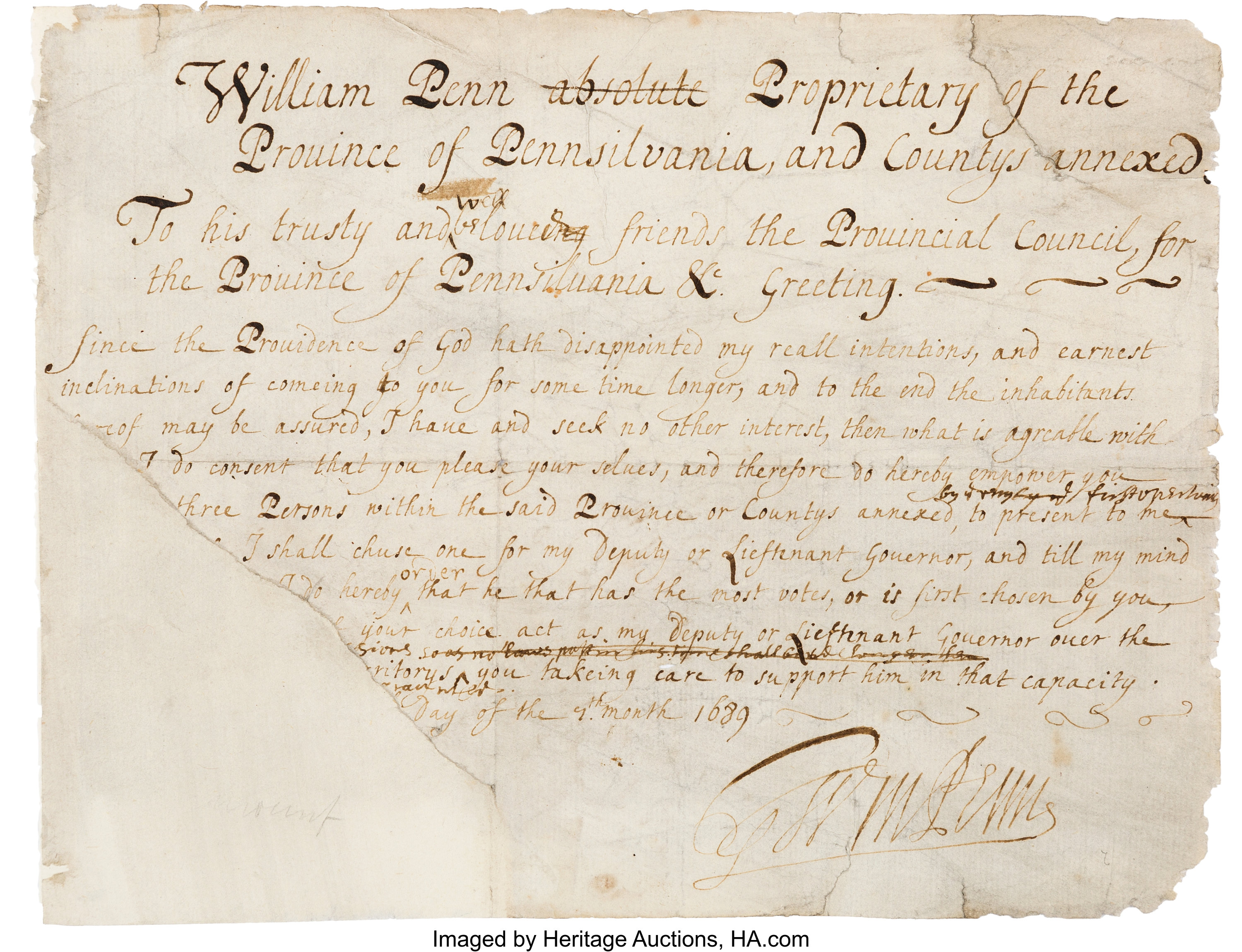 William Penn Partial Document Signed... Autographs Statesmen | Lot ...