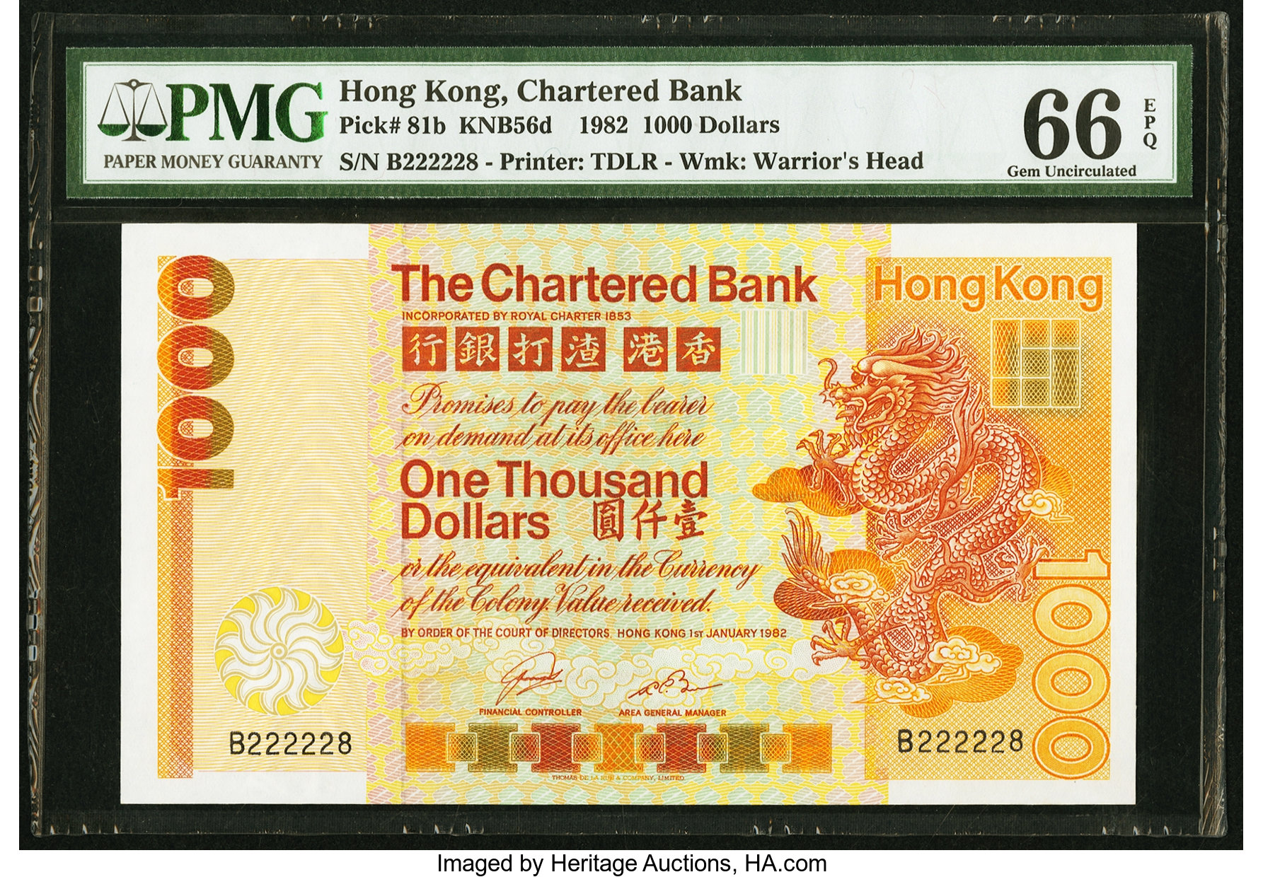 Hong Kong Chartered Bank 1000 Dollars 1.1.1982 Pick 81b KNB56d PMG