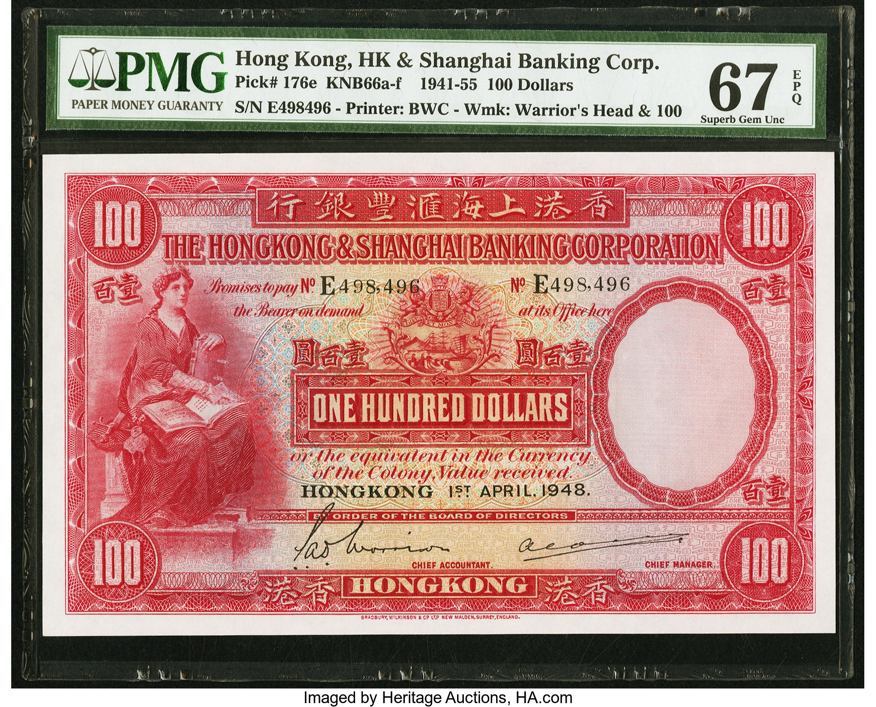 Hong Kong Hongkong & Shanghai Banking Corp. 100 Dollars 1.4.1948