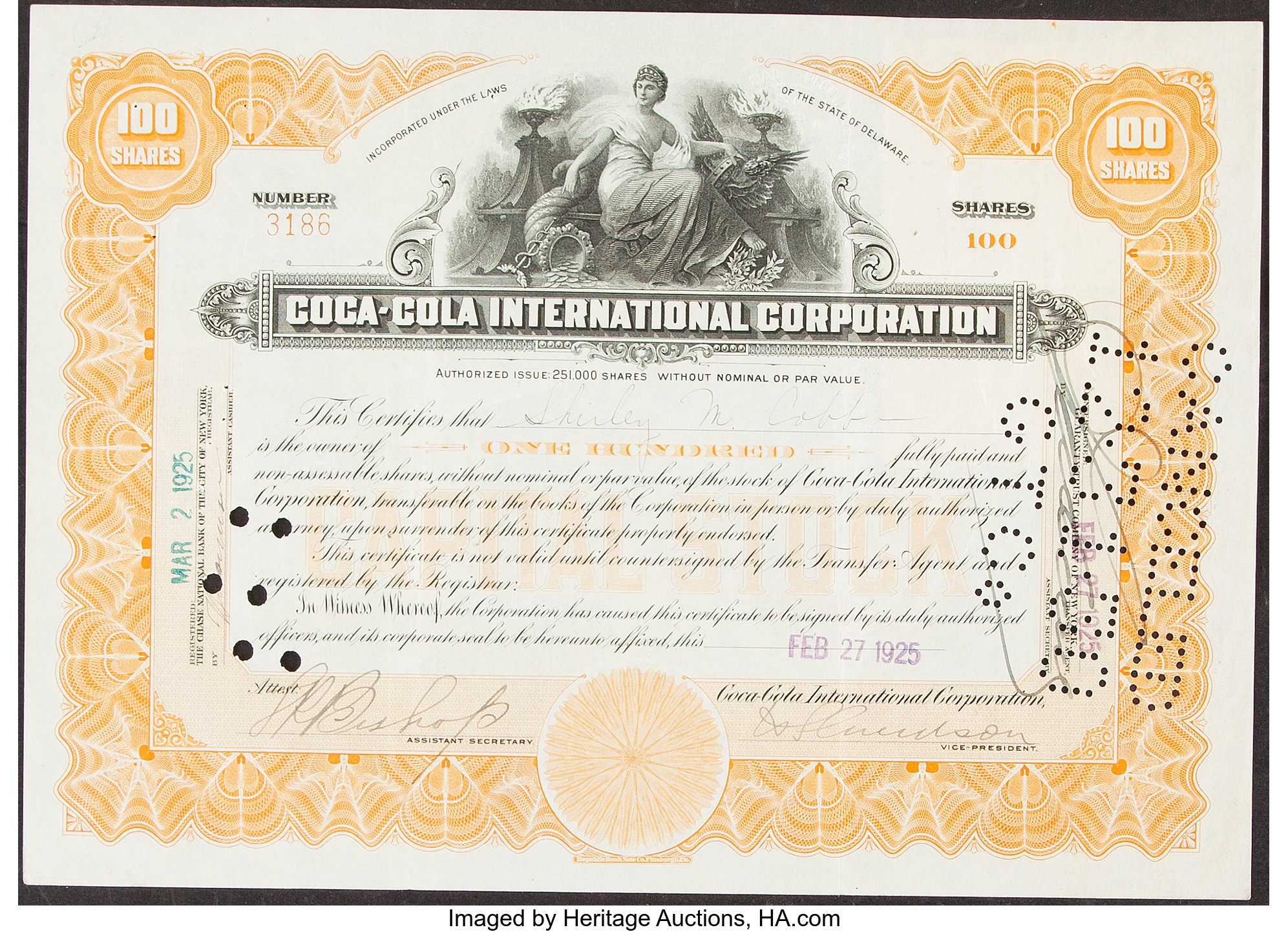 1925 Shirley Cobb Coca Cola Class A Stock Certificate Lot 45299 Heritage Auctions