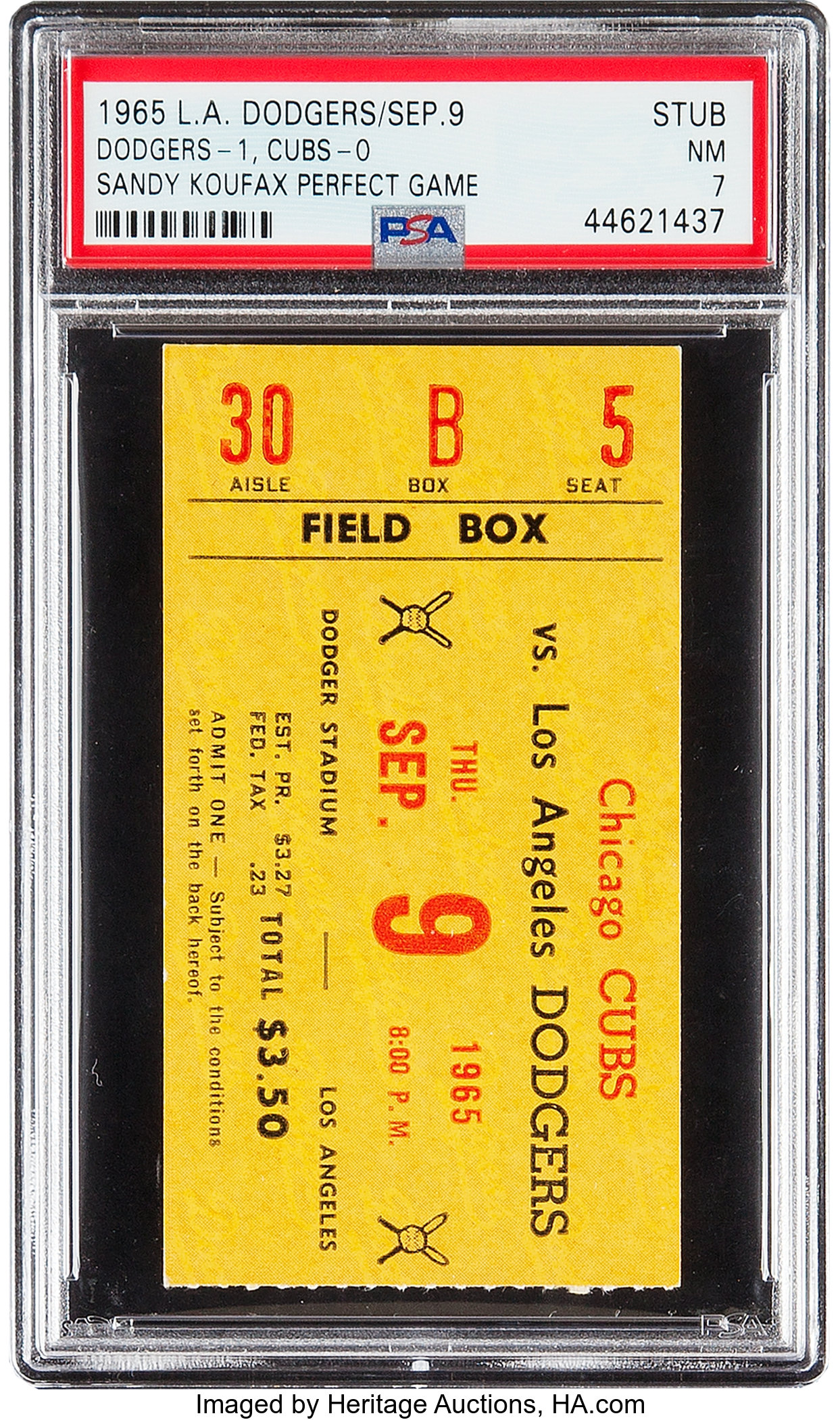 1965 Sandy Koufax Perfect Game Ticket Stub, PSA NM 7.  Baseball, Lot  #56959