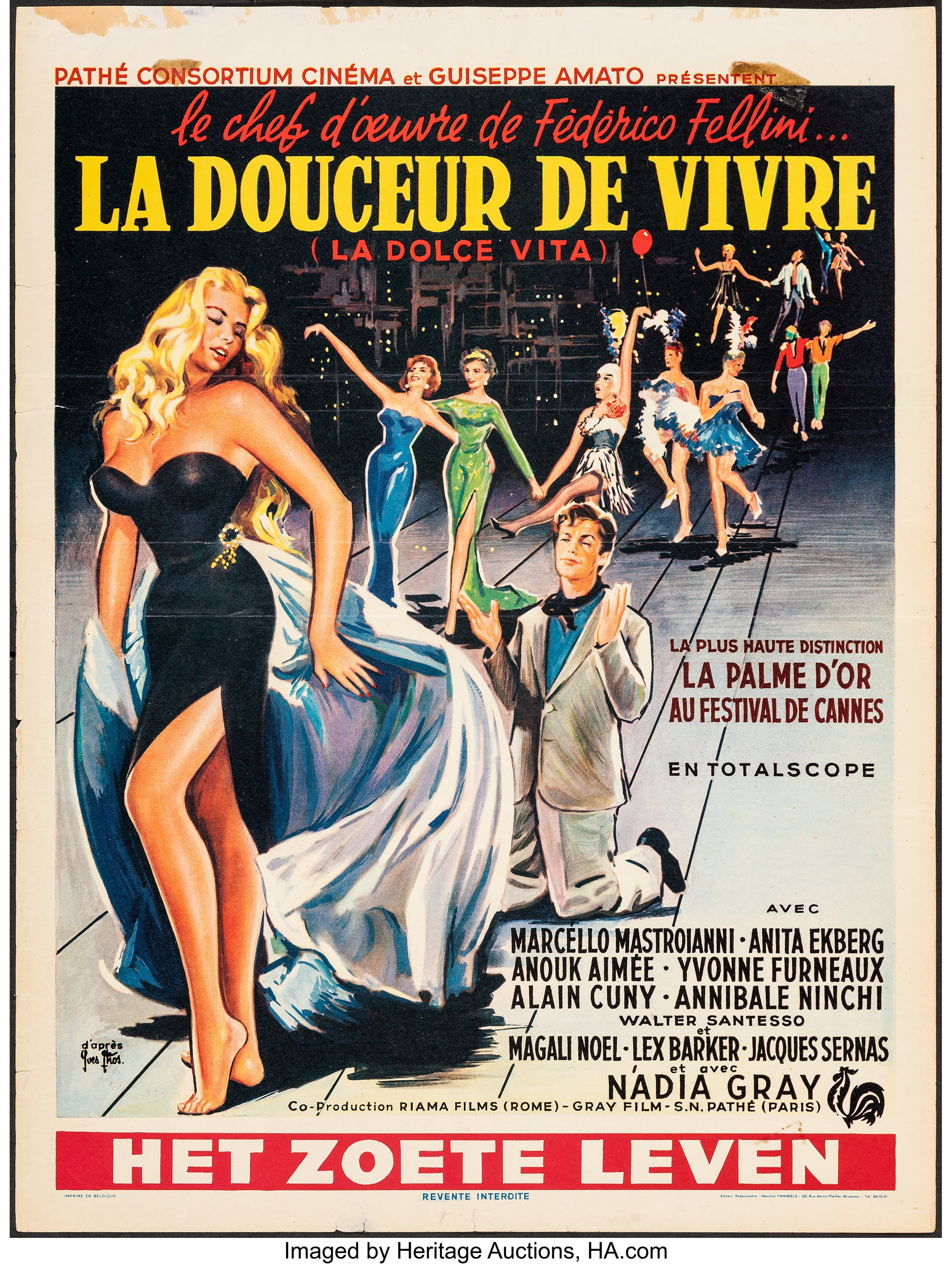 La Dolce Vita (Pathe, 1960). Folded, Fine+. Trimmed Belgian (14.5 ...