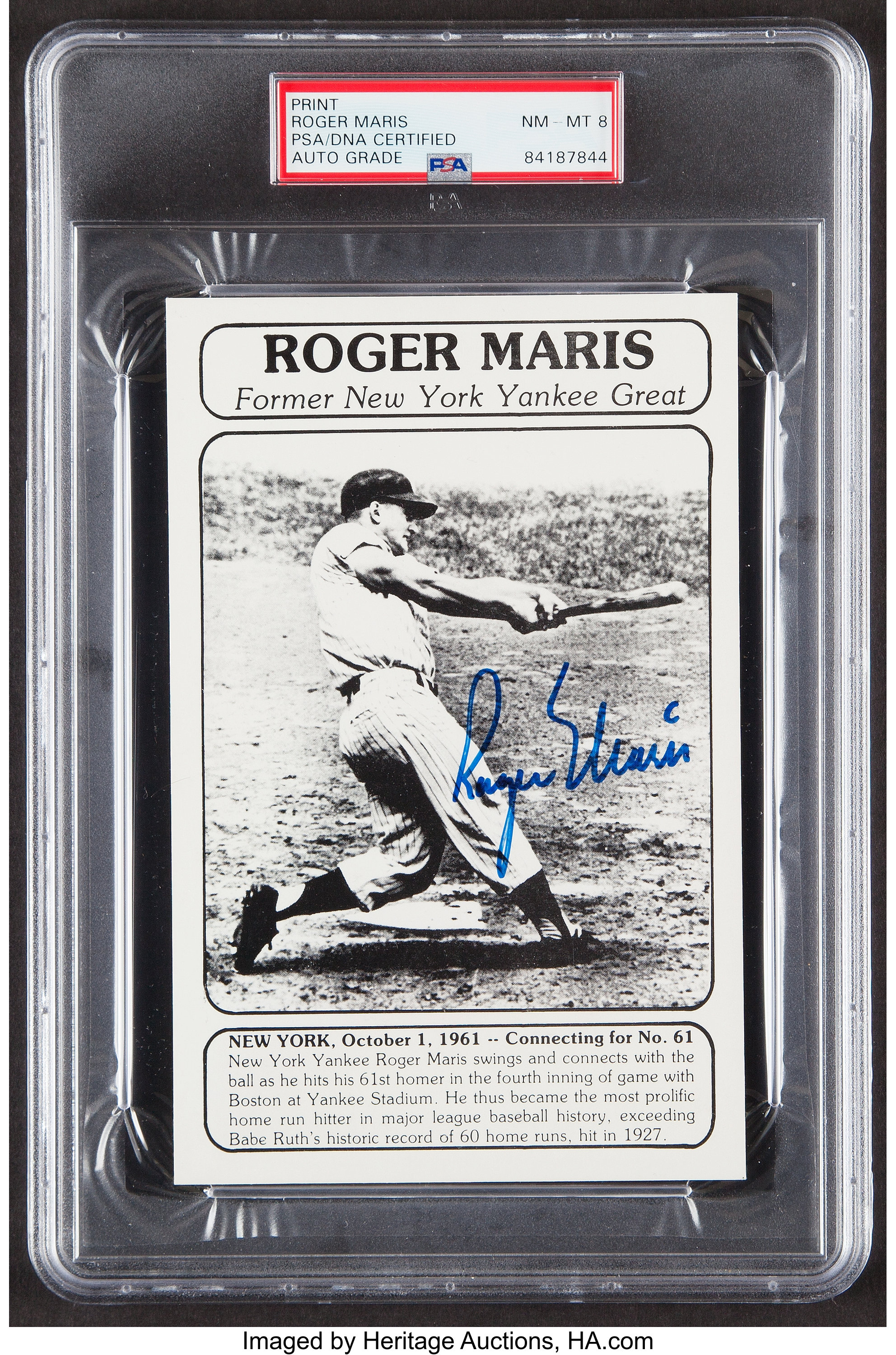 Signed Roger Maris 61st Home Run Promo Card.  Baseball, Lot #44098