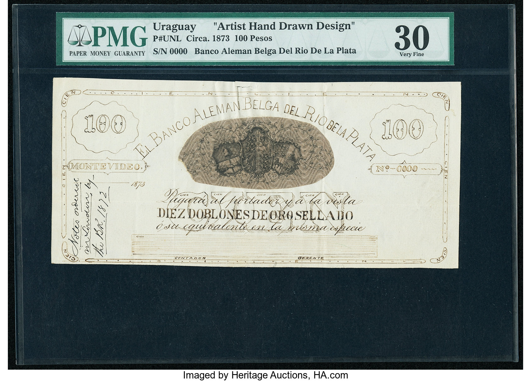 Uruguay Banco Aleman Belga Del Rio De La Plata 100 Pesos 1873 Pick Lot 804 Heritage Auctions