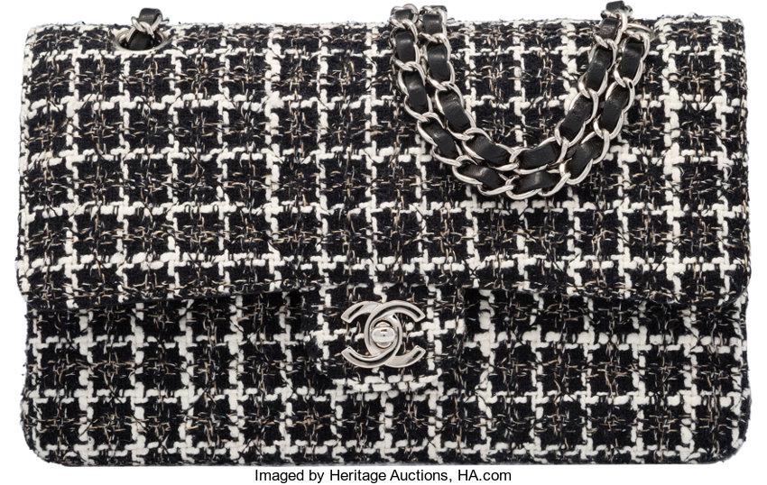 Chanel Black & White Tweed Medium Double Flap Bag with Silver, Lot #15062