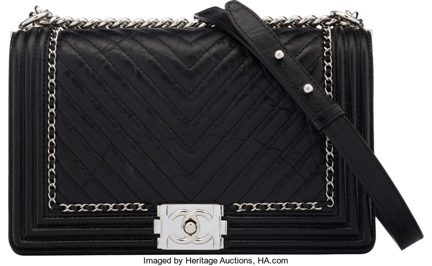 Chanel Black Aged Chevron Quilted Lambskin Leather Medium Boy Bag