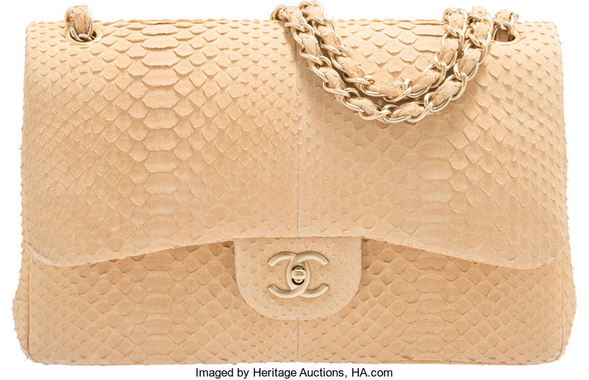 Chanel Python Jumbo Double Flap Beige Gold Chain #chanel