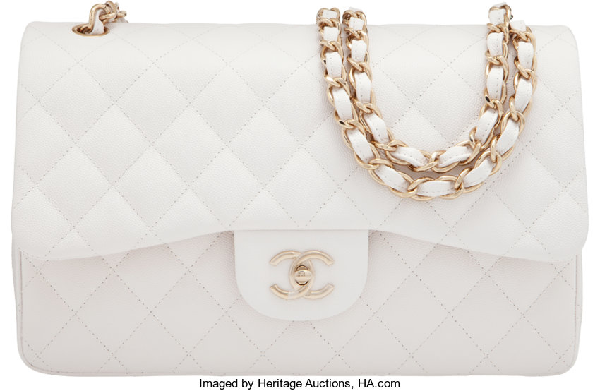 Chanel White Caviar Leather Jumbo Double Flap Bag with Gold