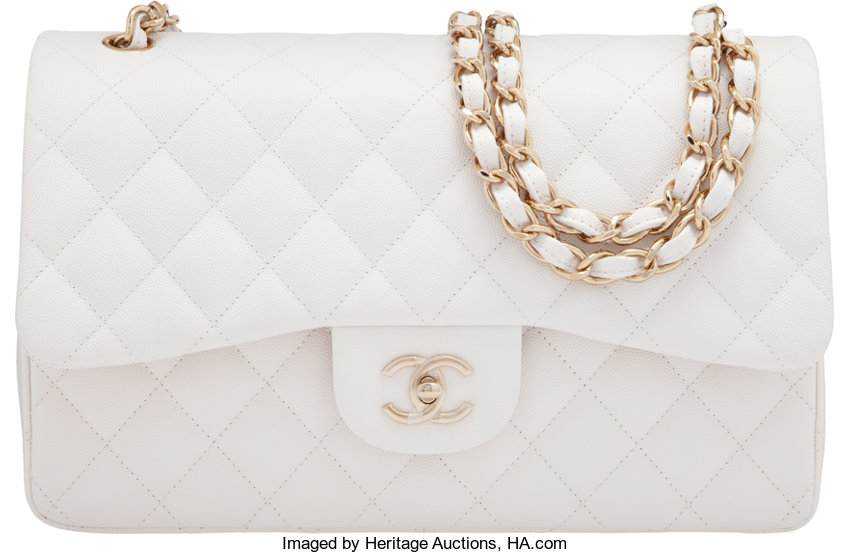 Chanel White Caviar Leather Jumbo Classic Double Flap Bag / Luxeshowroom