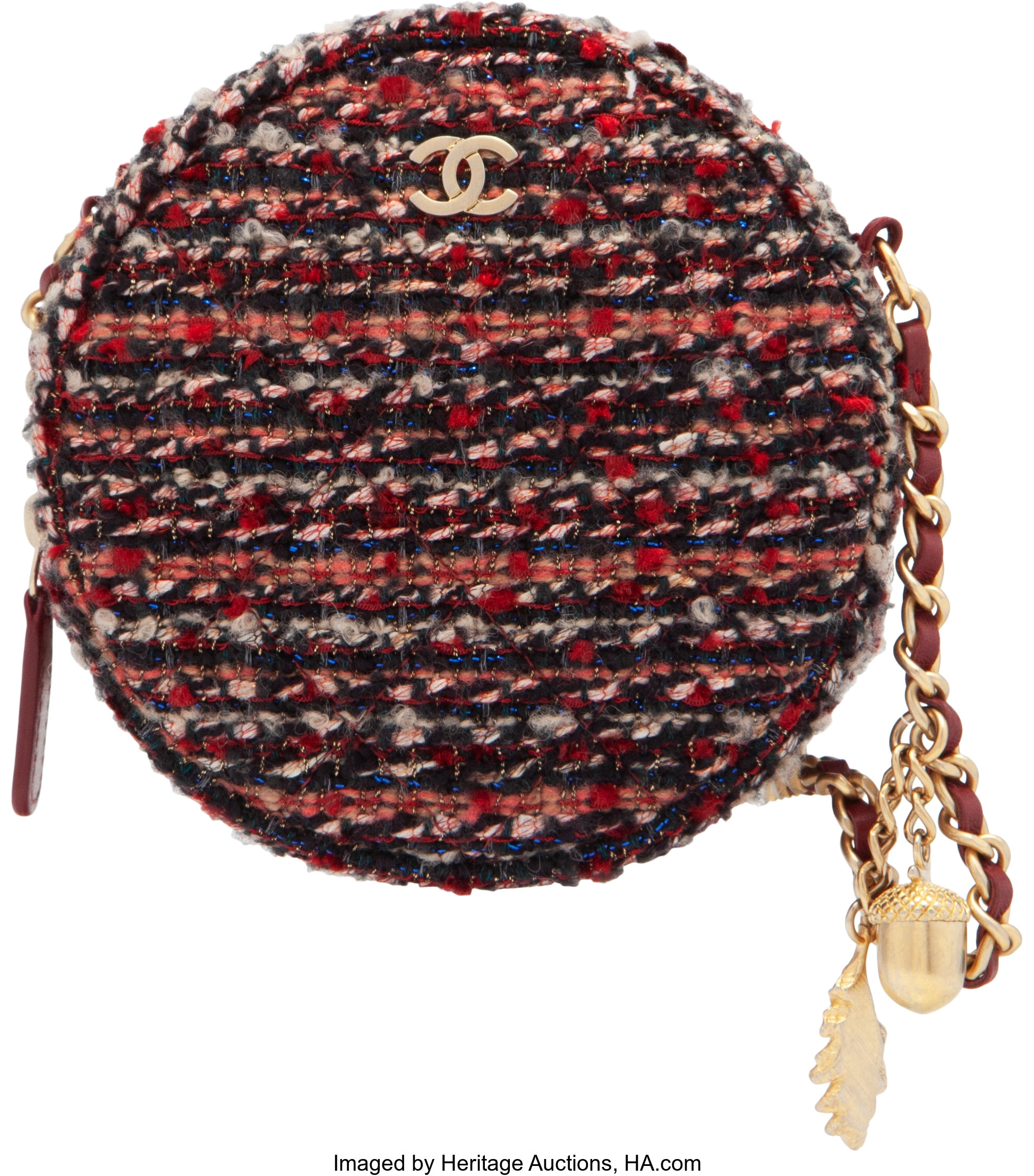 Chanel Red Tweed Round Crossbody Bag with Aged Gold Hardware., Lot #15093