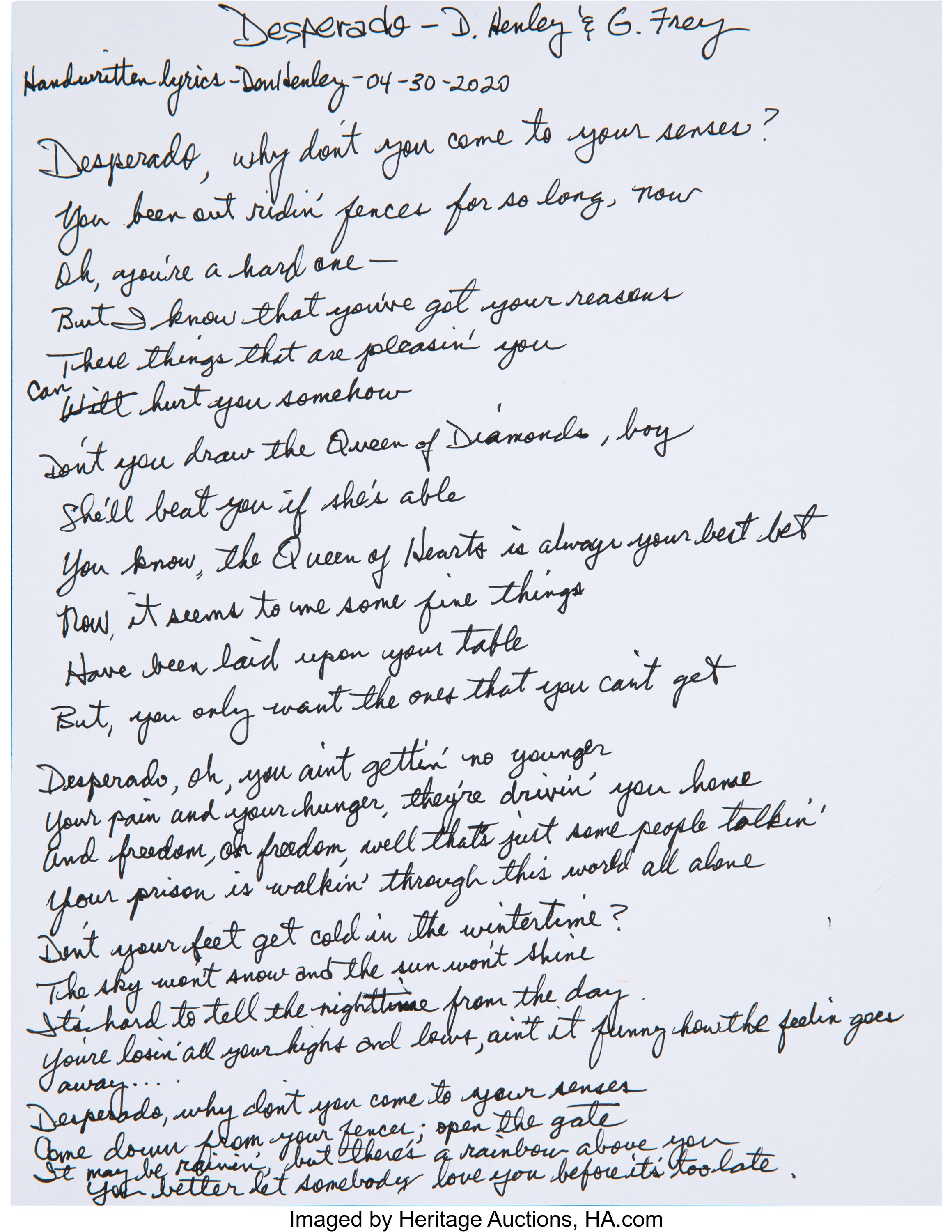 Don Henley handwritten 'Desperado' lyrics at auction in 2023