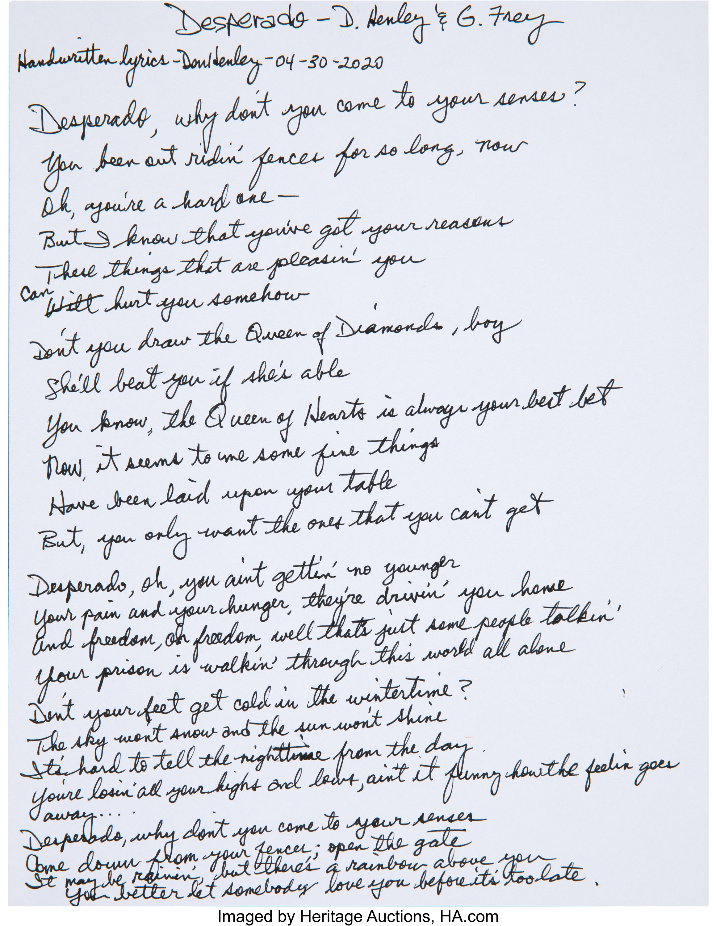 Don Henley Handwritten "Desperado" Lyrics.... Miscellaneous | Lot #40