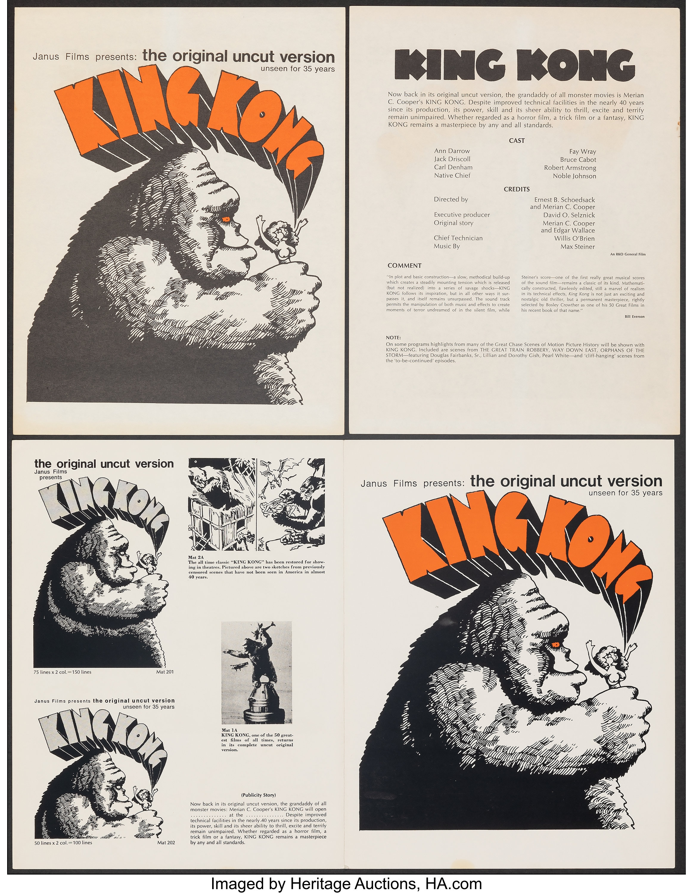 King Kong (Janus Films, R-1968). Very Fine. Uncut Pressbooks (3