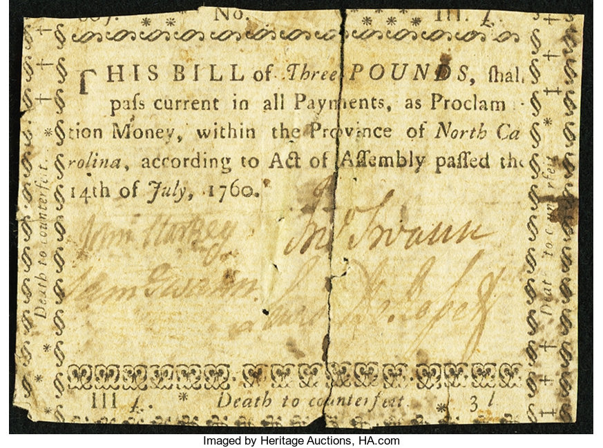 North Carolina July 14, 1760 £3 Fine.. ... Colonial Notes North | Lot ...