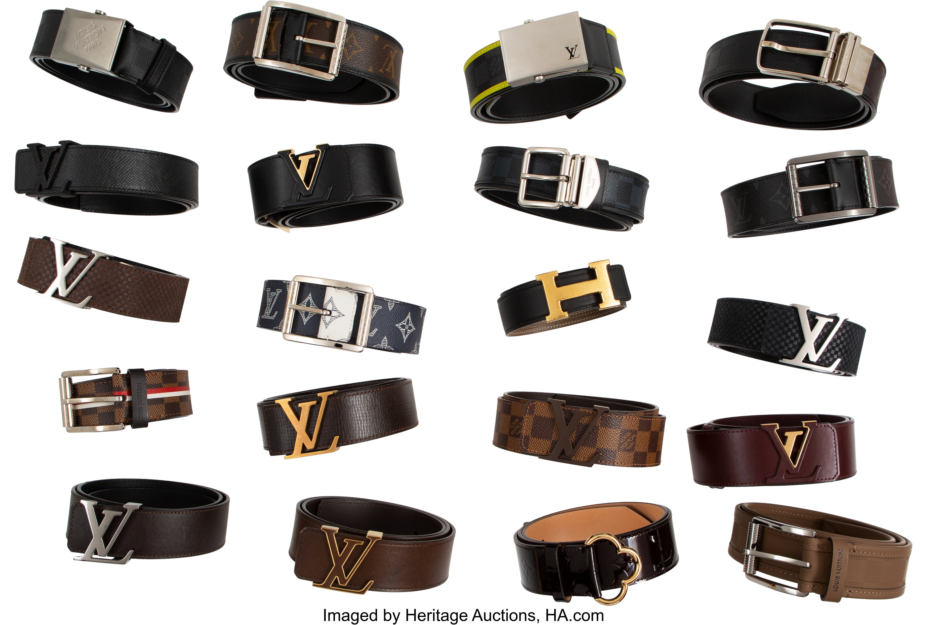 Set of Twenty: Hermès & Louis Vuitton Belts. Condition: 2. See