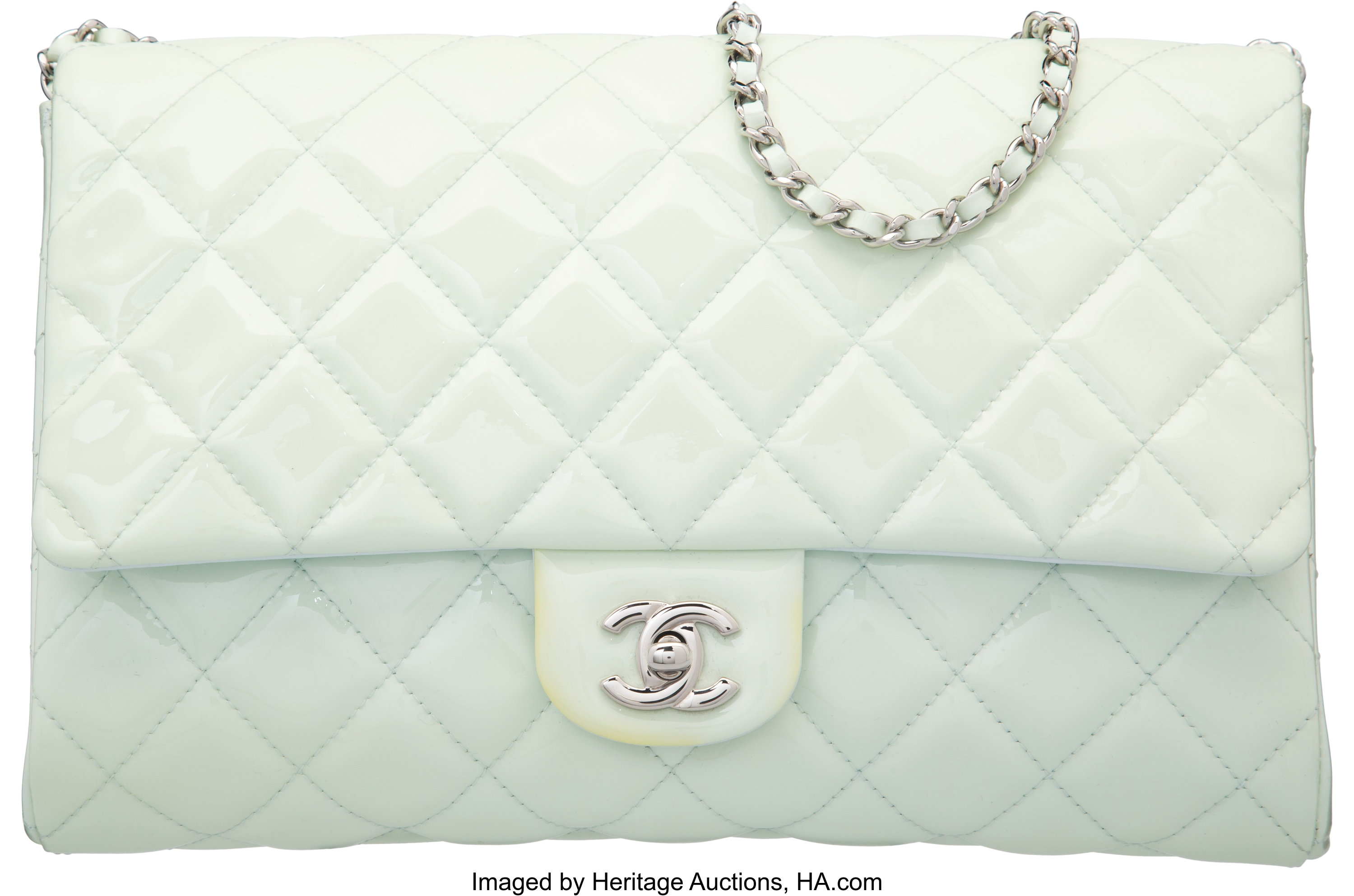 Chanel Mint Green Quilted Patent Leather Flap Bag with Silver, Lot #15172