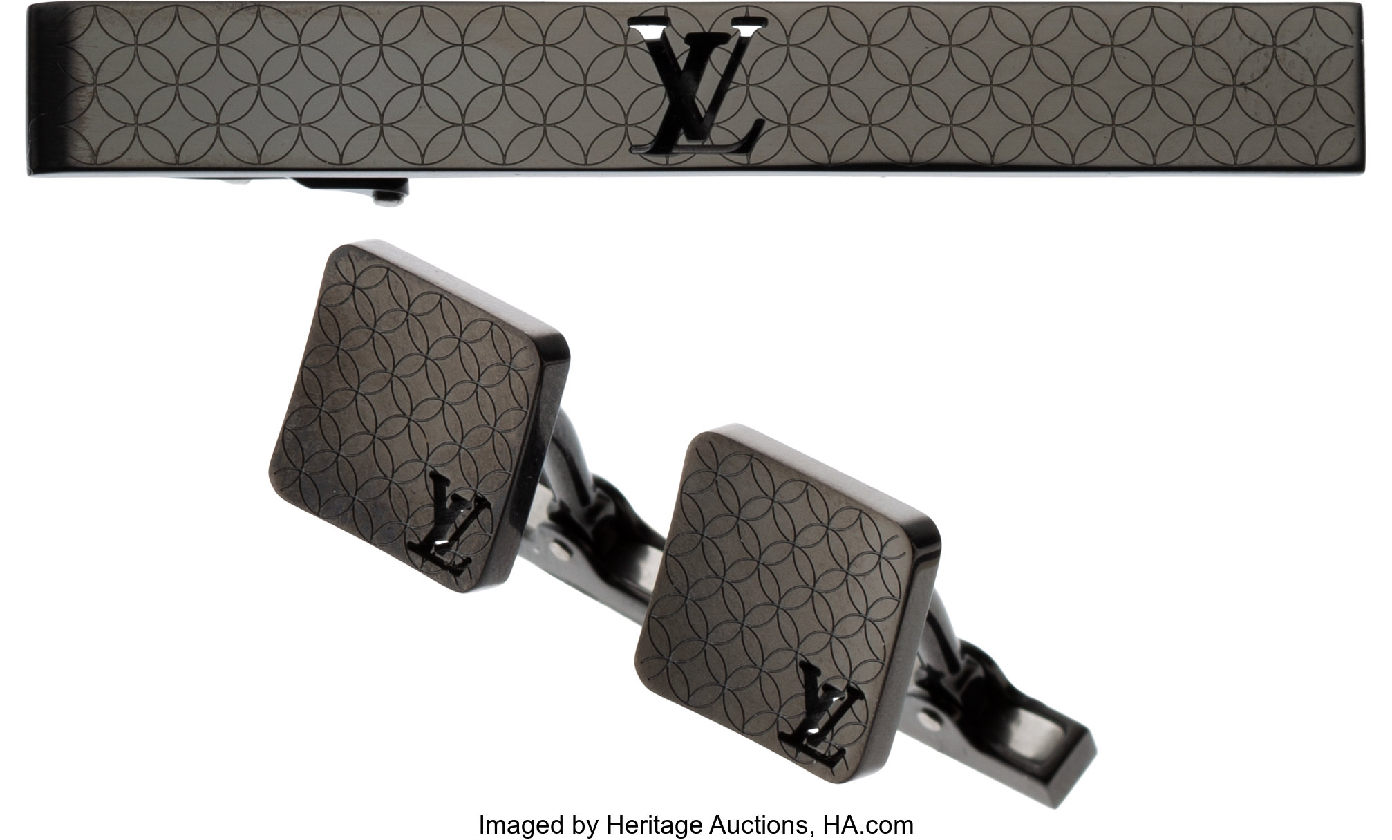 Louis Vuitton Set of Two: Gunmetal Cufflinks and Tie Clip with, Lot #15212