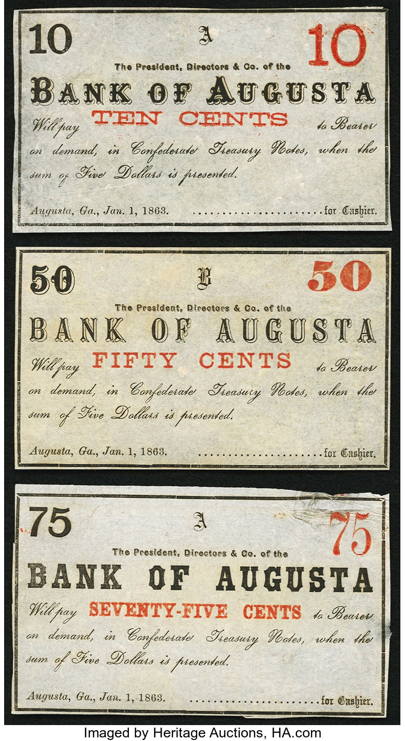 Augusta, GA- Bank of Augusta 10¢; 50¢; 75¢ Jan. 1, 1863 Remainders | Lot #82142 | Heritage Auctions