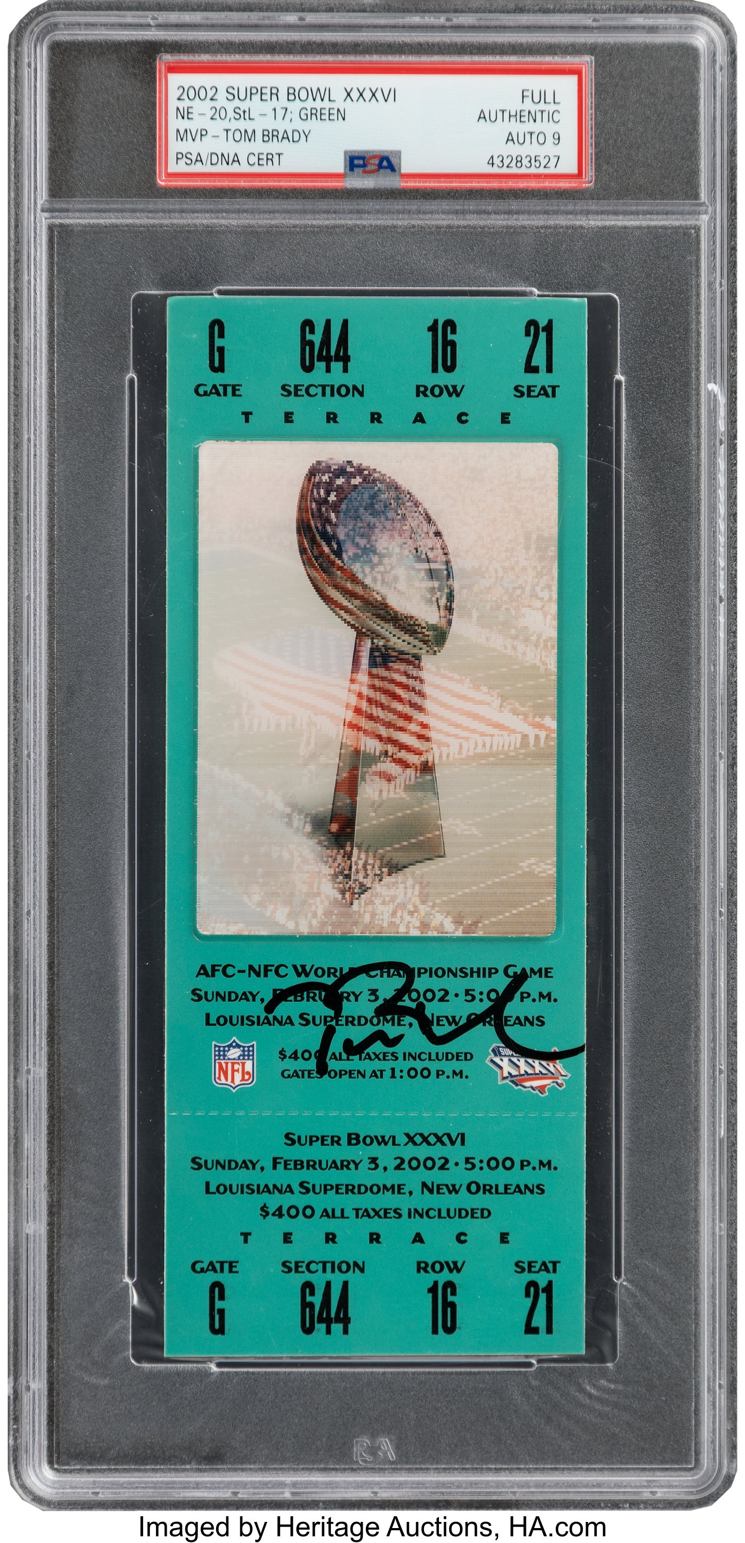 2002 Super Bowl XXXVI Full Ticket Signed by Tom Brady, Autograph, Lot  #80615