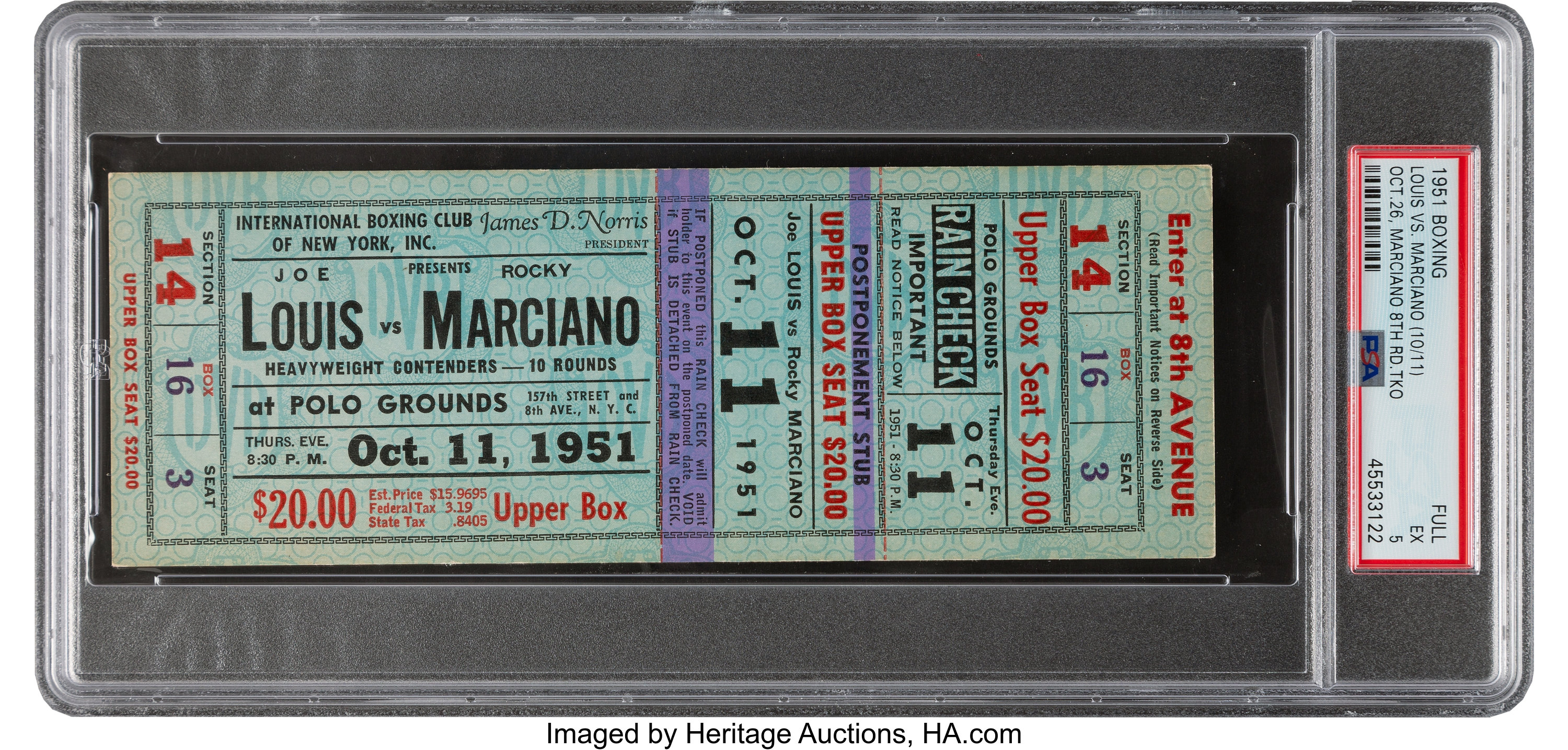 1951 Joe Louis vs. Rocky Marciano Full Ticket, PSA EX 5. Boxing, Lot  #83500