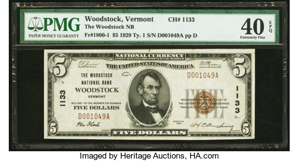 Woodstock Vt 5 1929 Ty 1 The Woodstock National Bank Ch Lot 596 Heritage Auctions