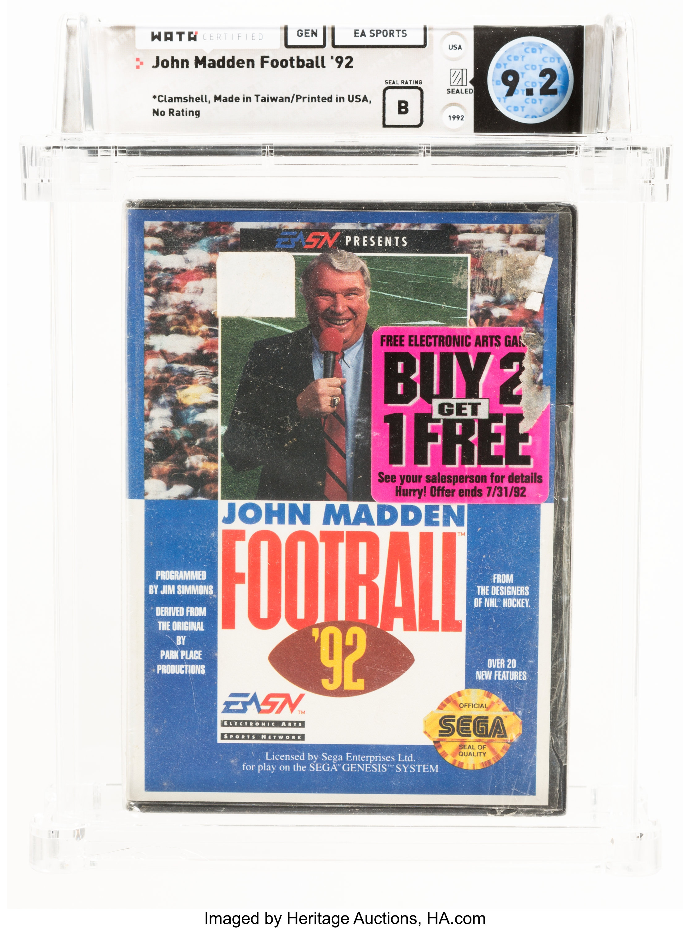 John Madden Football '92 - Wata 9.2 B Sealed, GEN EA Sports 1992, Lot  #17897