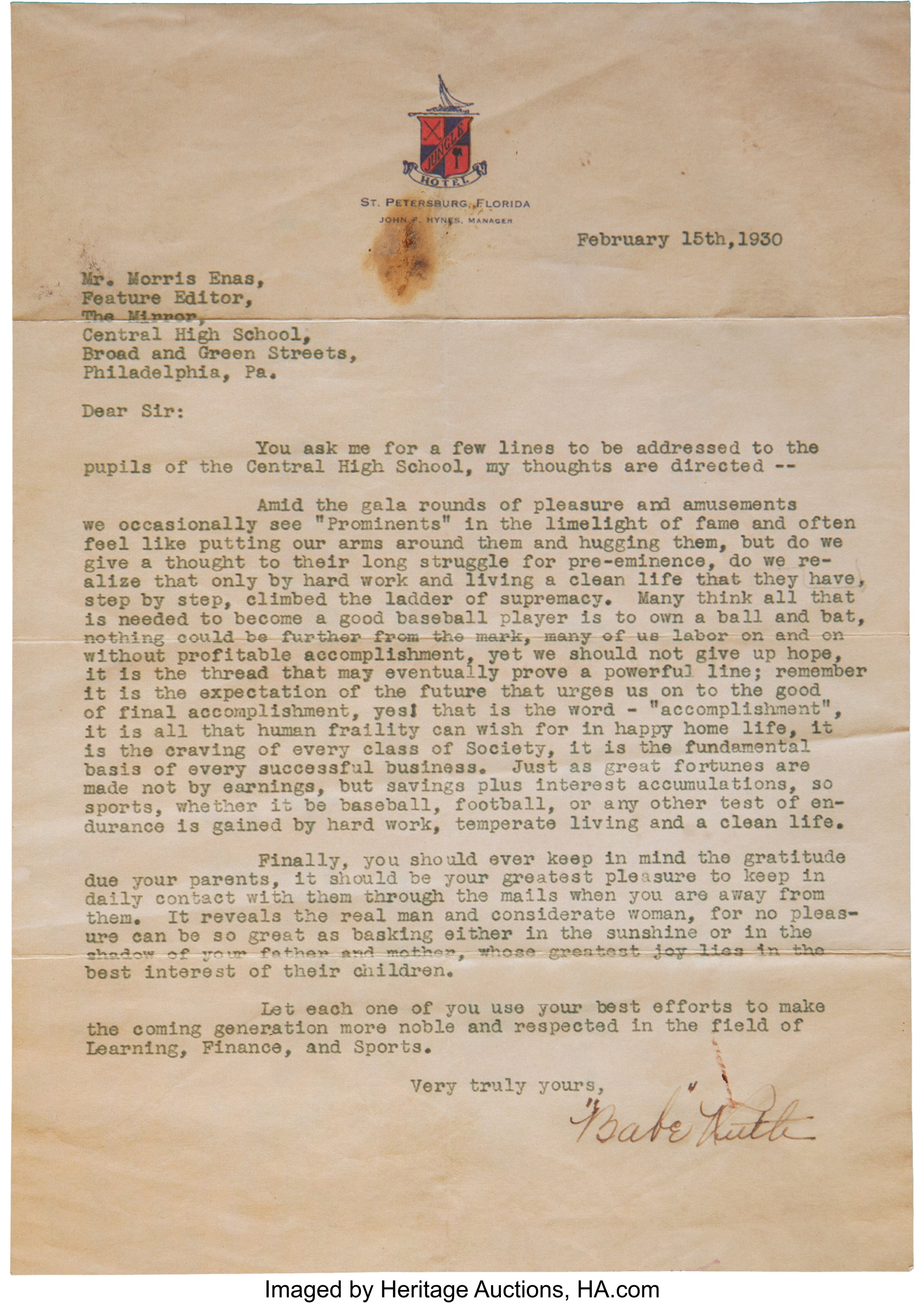 Babe Ruth signed letter to Louisville bat company up for auction