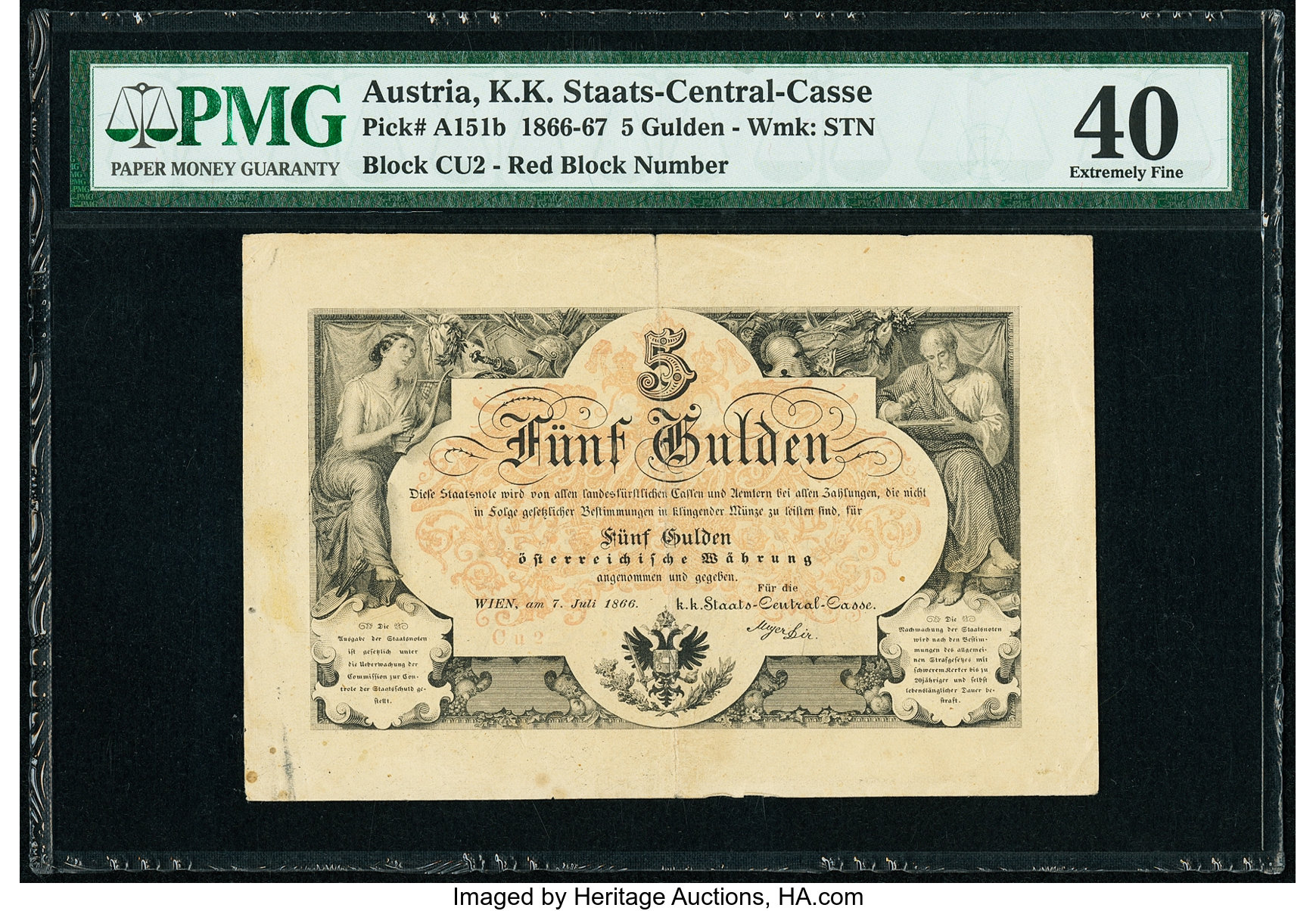 Austria K K Staats Central Cassa 5 Gulden 7 7 1866 Pick A151b Pmg Lot Heritage Auctions