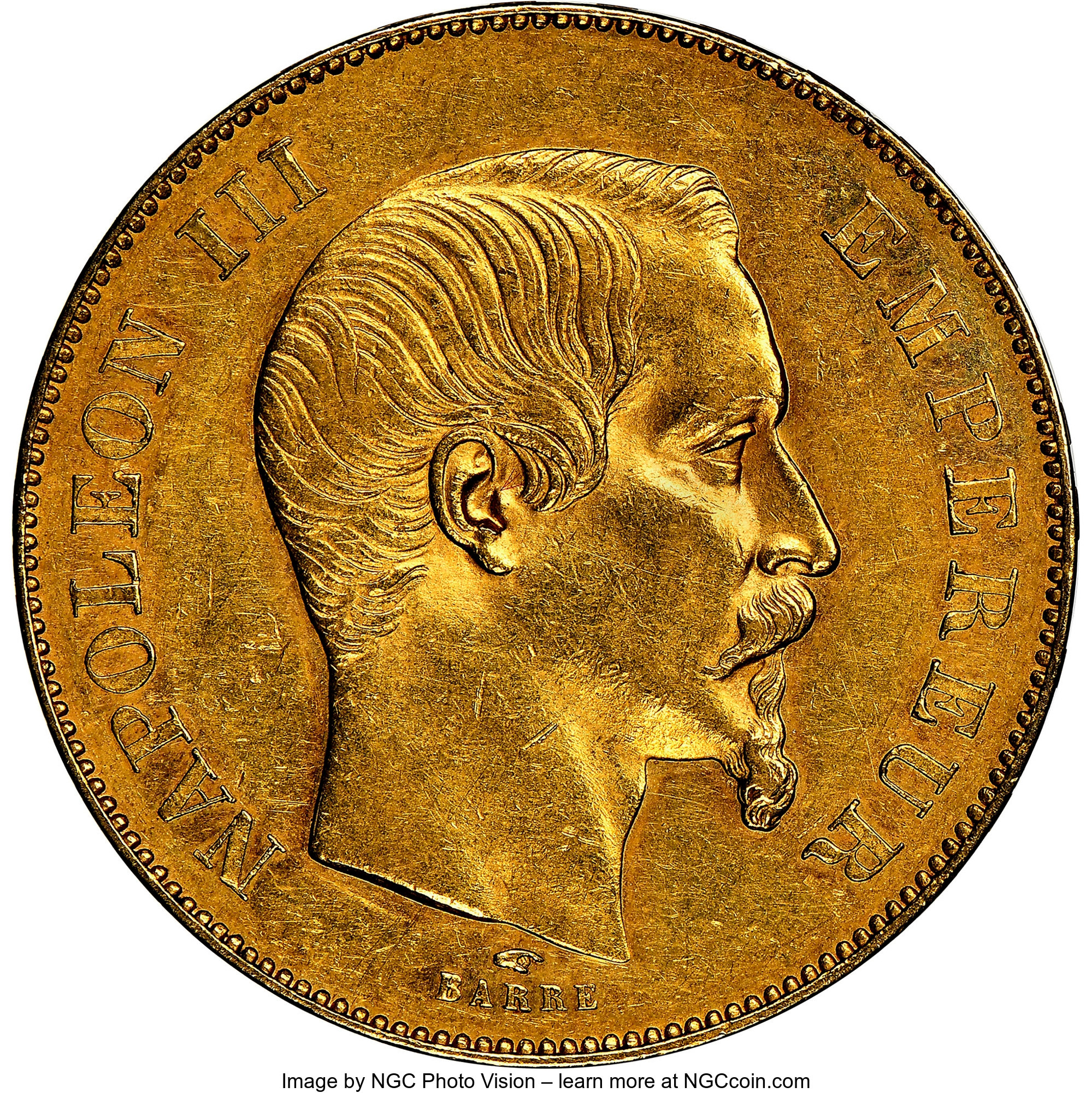 France: Napoleon III gold 50 Francs 1855-A AU55 NGC, France 