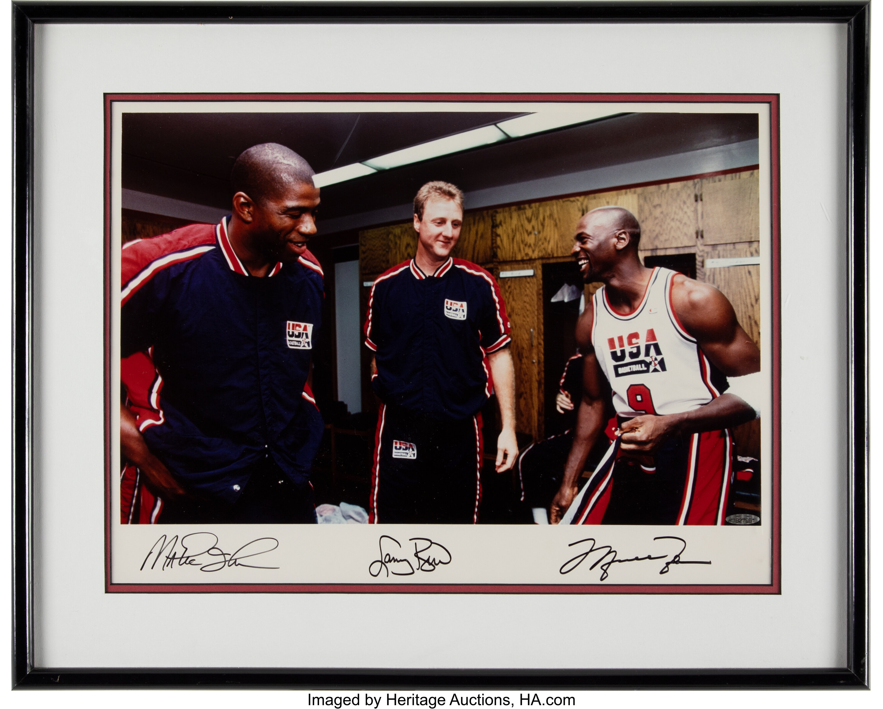 Larry Bird Autograph Photo Jump Shot Over Michael Jordan 11×14