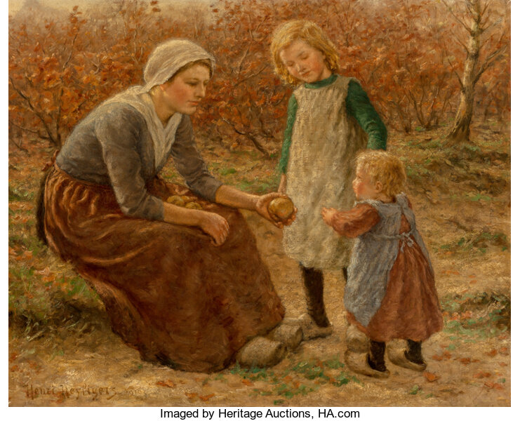 Hendrik Heyligers (Dutch, 1877-1967). In the Apple Orchard. Oil on