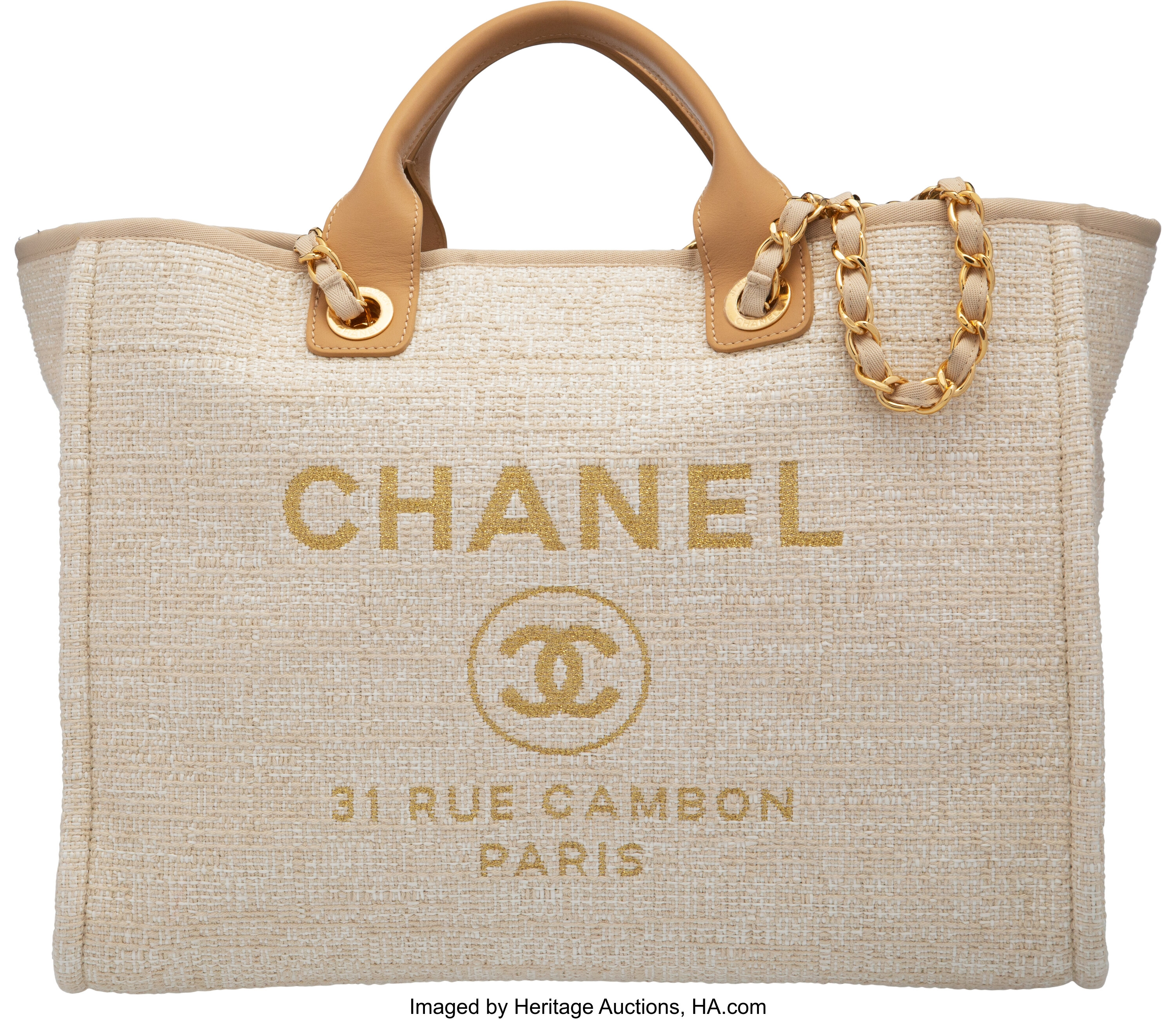 Chanel 2021 Ivory/ Gold Large Deauville Shopping Tote Bag