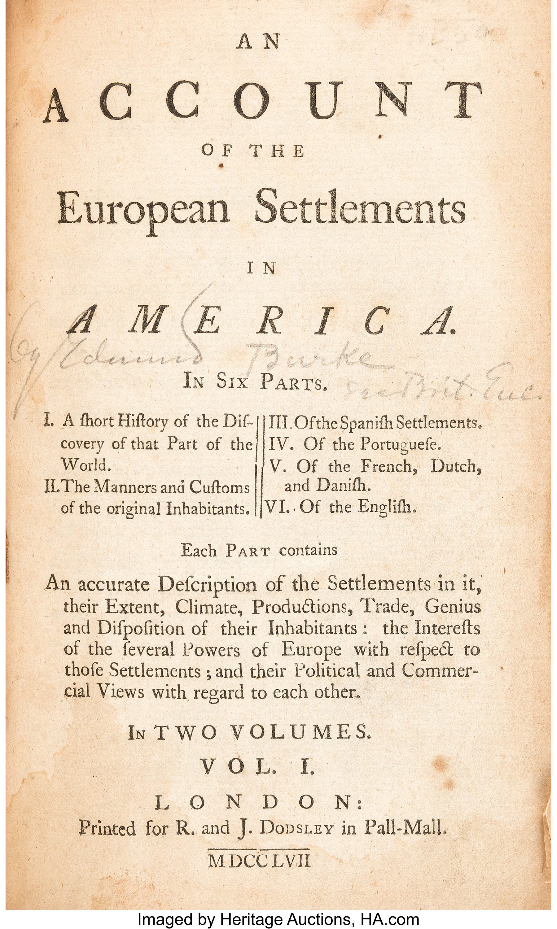 Edmund Burke An Account Of The European Settlements In America Lot Heritage Auctions