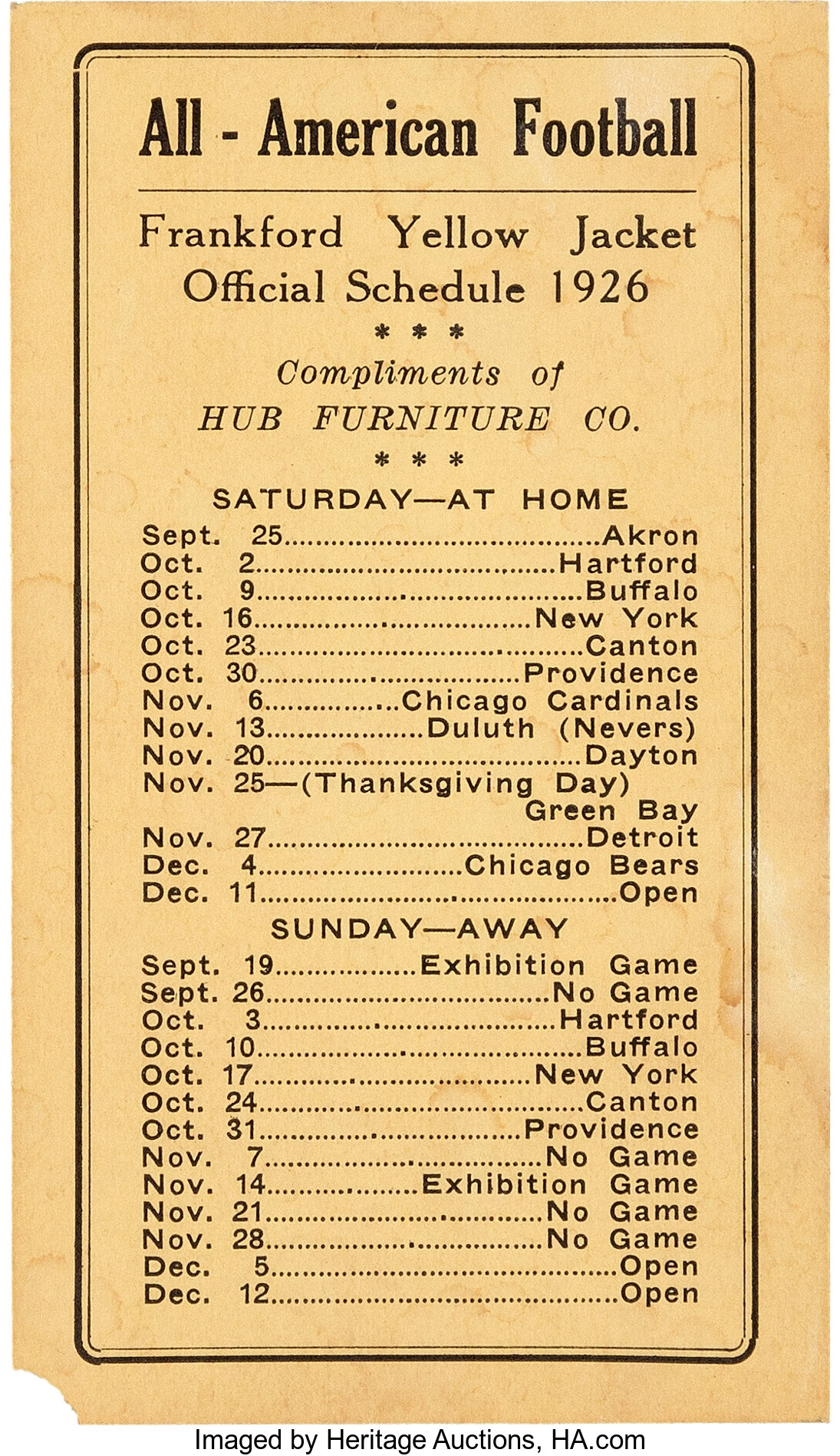 1926 Frankford Yellow Jackets Team Schedule - Championship