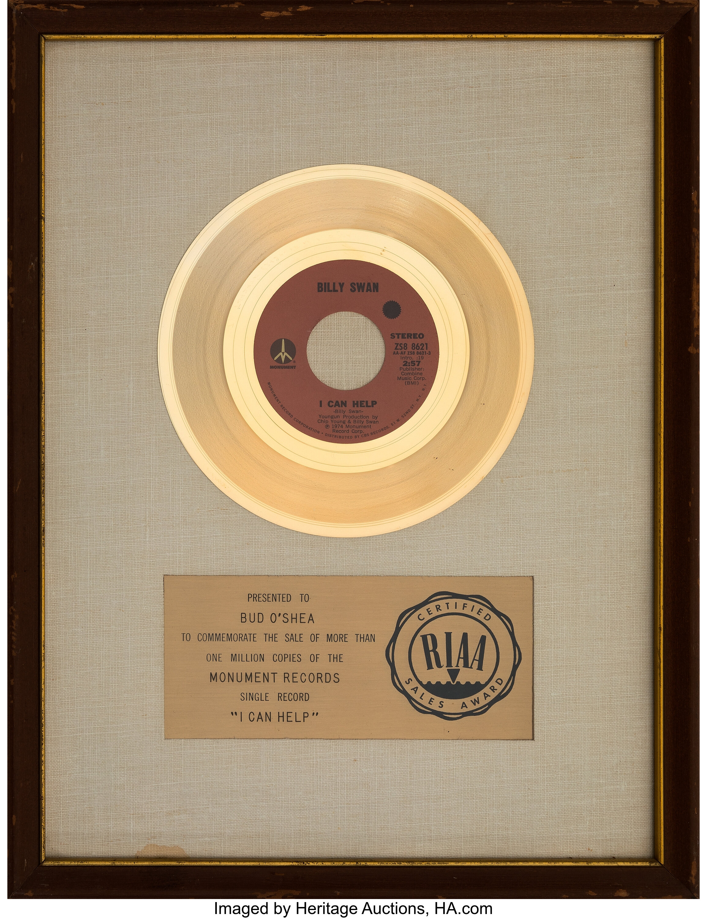 Billy Swan I Can Help White Matte Riaa Gold Sales Award Monument Lot 55 Heritage Auctions