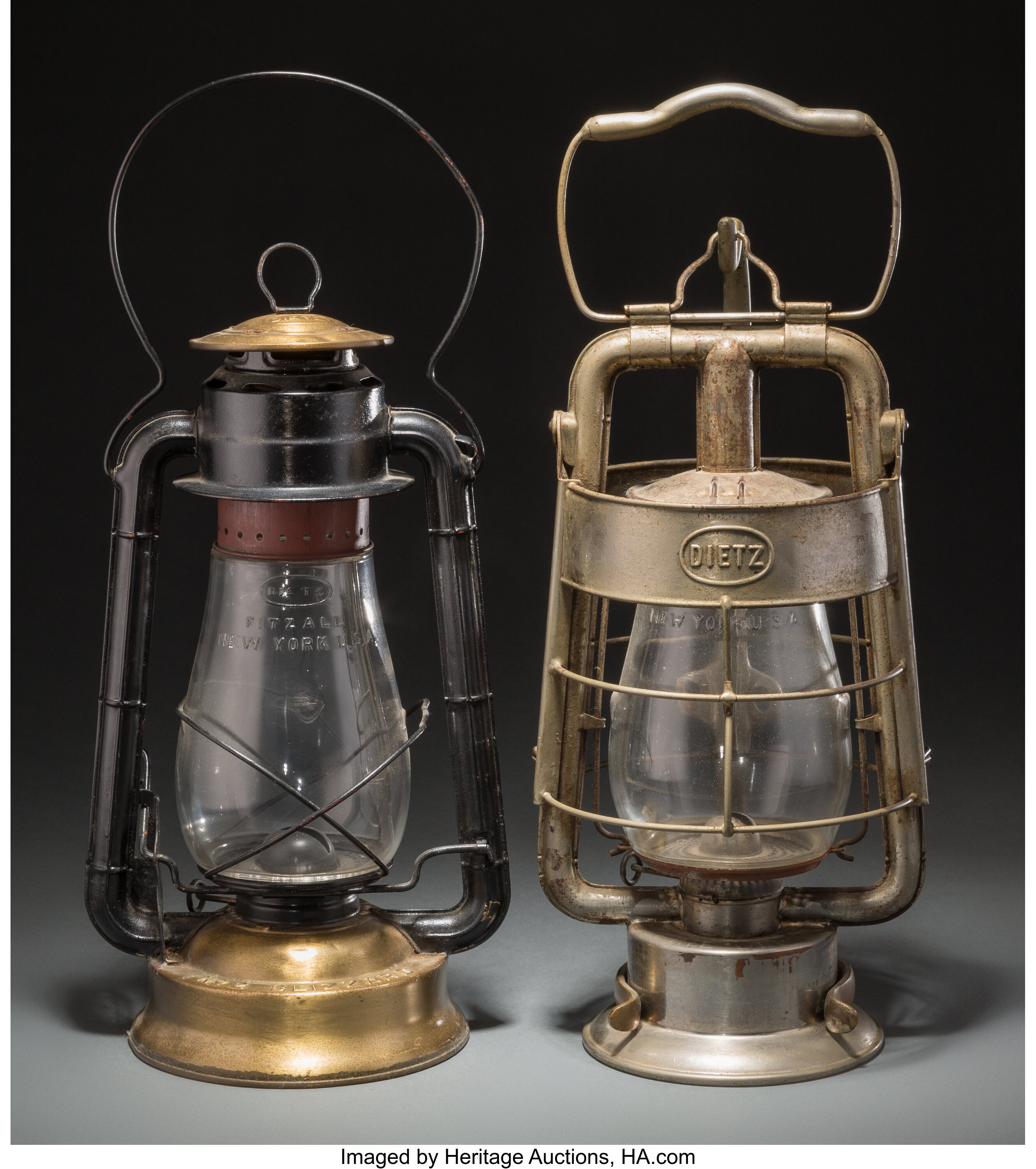 Two Vintage Dietz Railway Lanterns. Marks: DIETZ, KING, FIRE DEPT