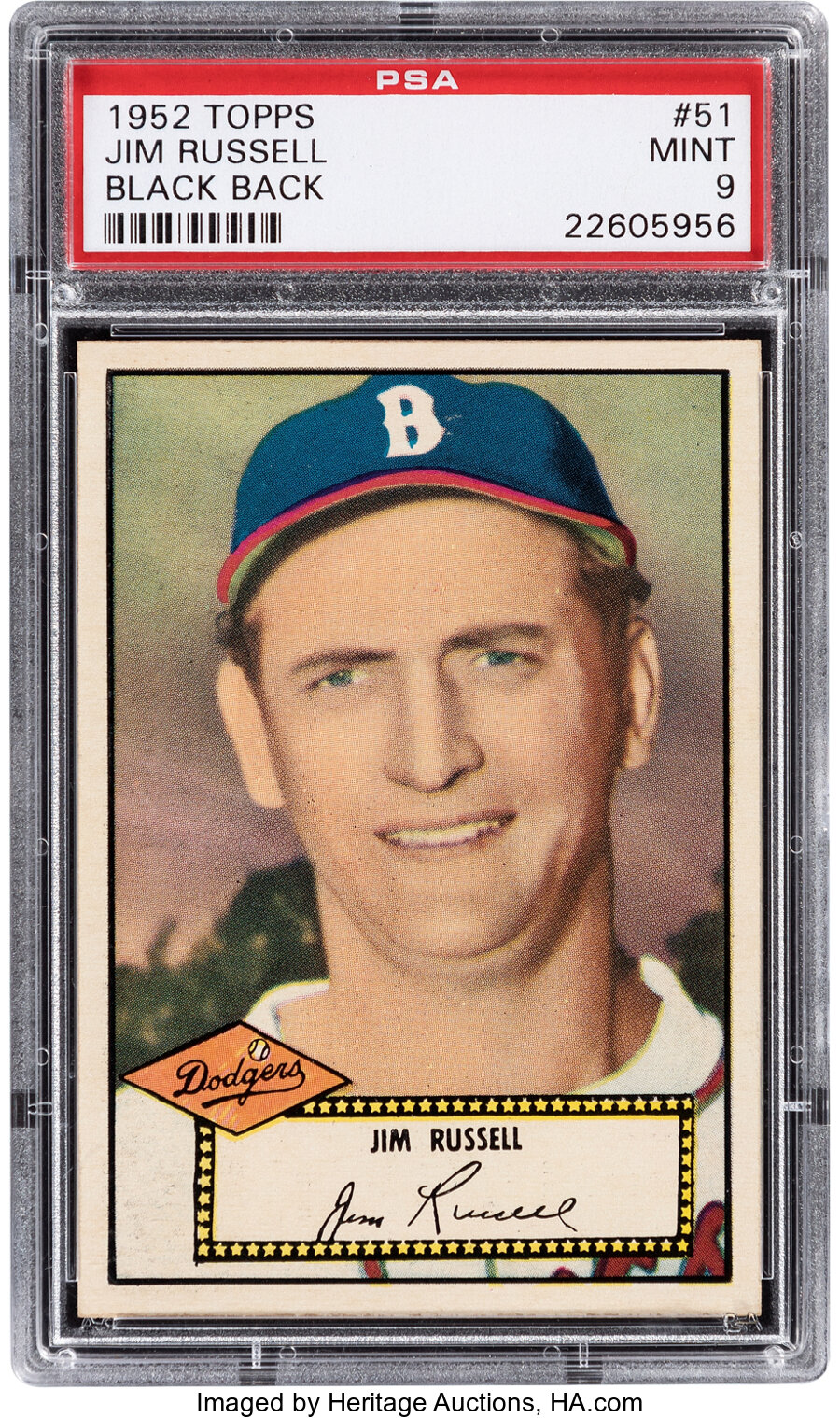 1952 Topps Jim Russell (Black Back) #51 PSA Mint 9 - Pop Two, None Higher!