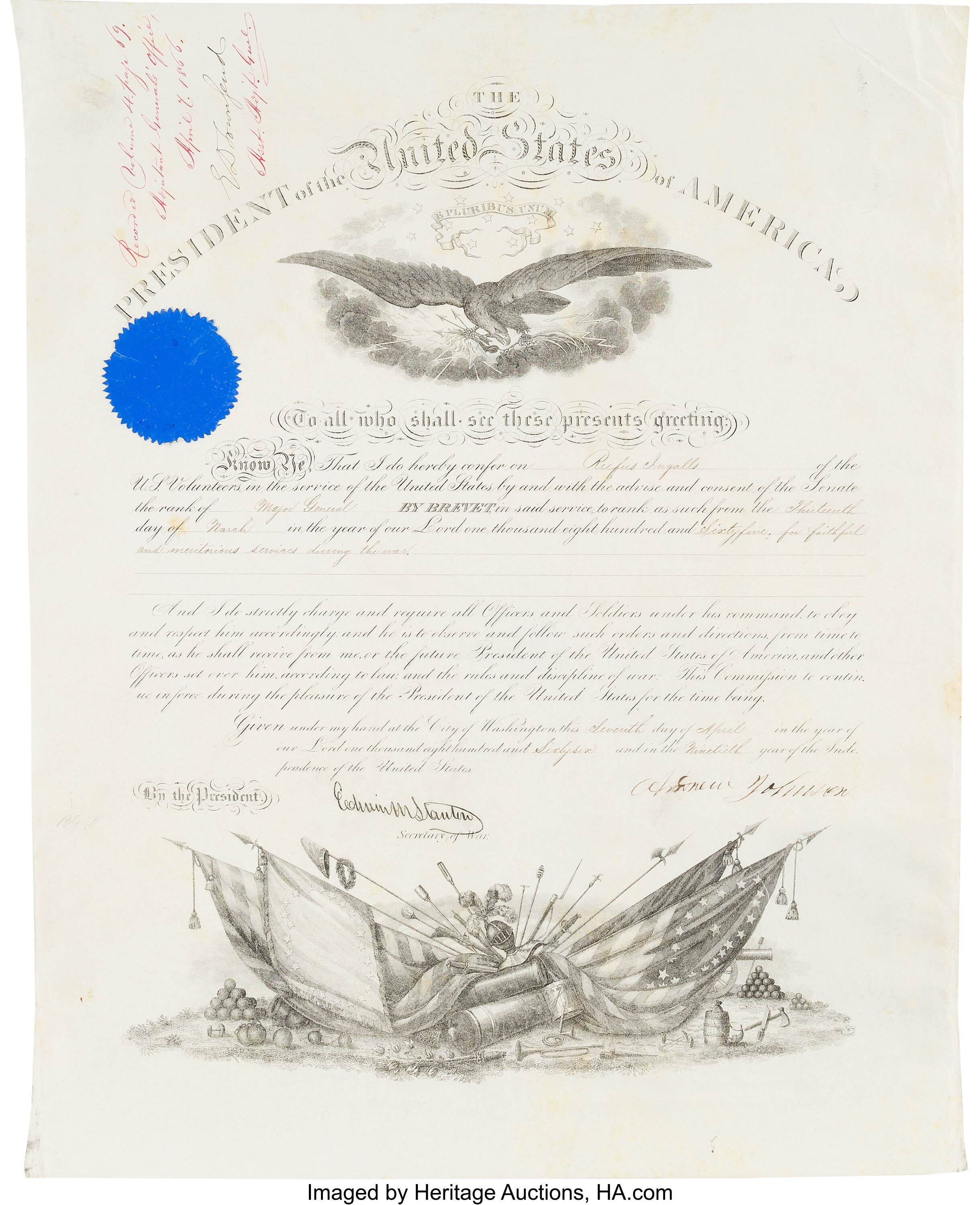 Andrew Johnson Military Commission Signed ... Autographs U.S. | Lot ...