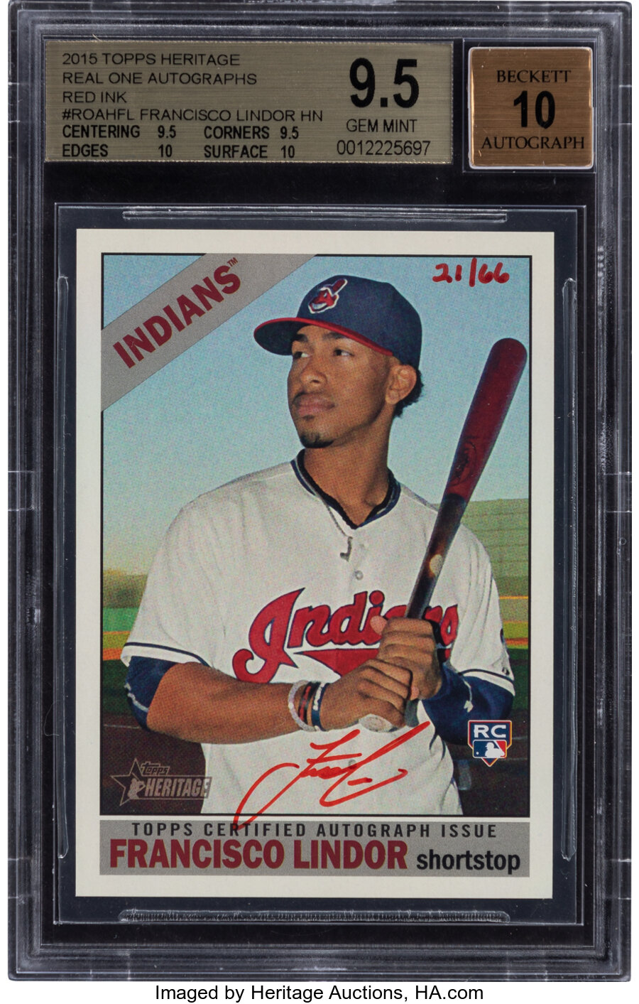 2015 Topps Heritage Real One Autographs Francisco Lindor (Red Ink) #FL BGS Gem Mint 9.5 - Auto 10 - #'s 21/66