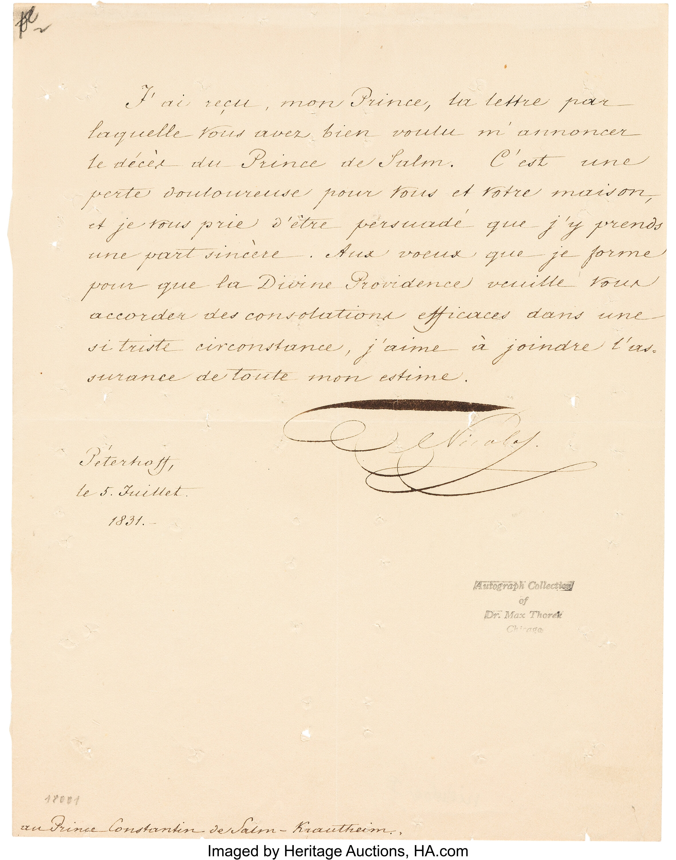 Tsar Nicholas I of Russia Letter Signed Autographs Lot #47445