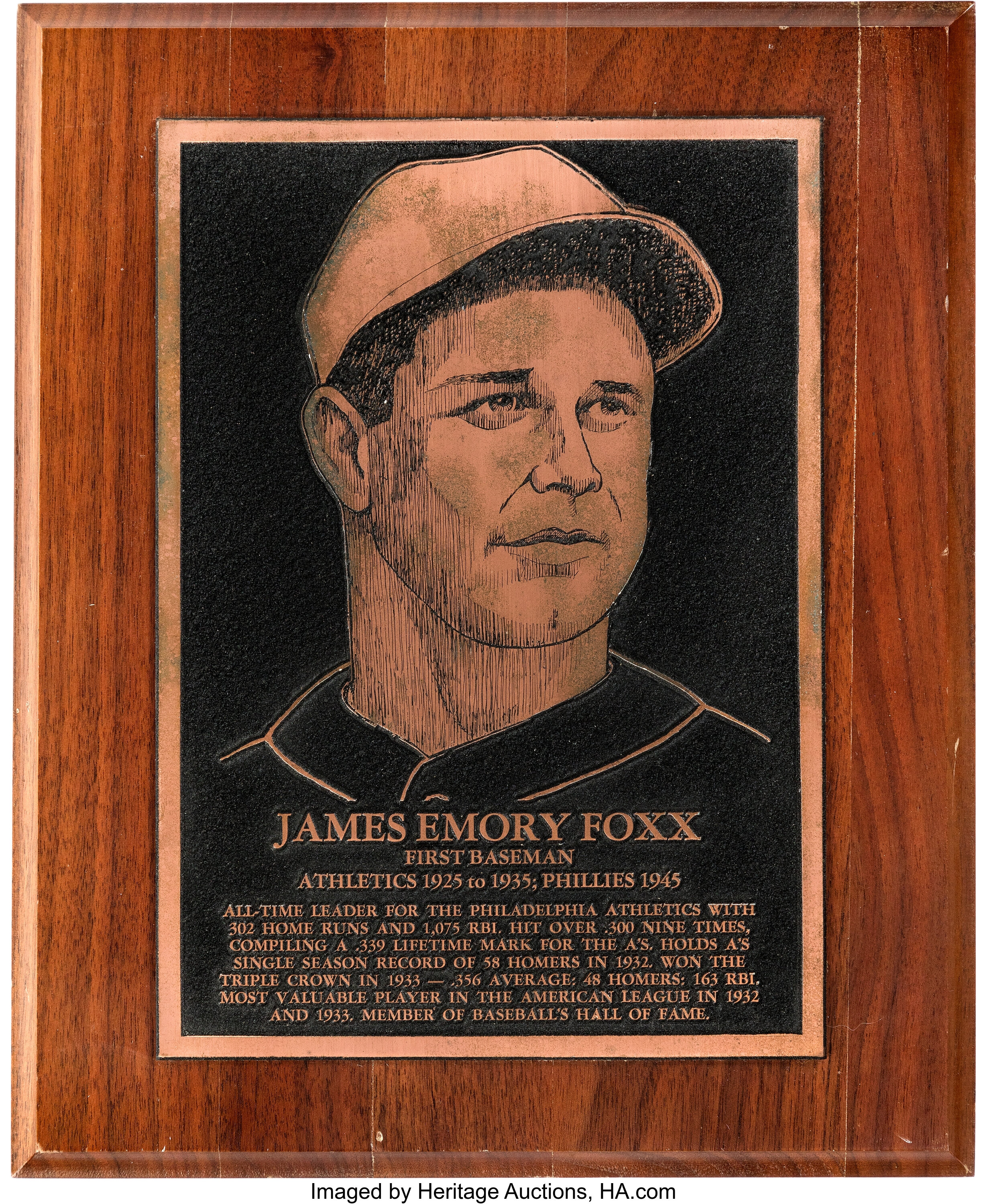 1979 Jimmie Foxx Veterans Stadium Wall Of Fame Plaque from The, Lot  #58887