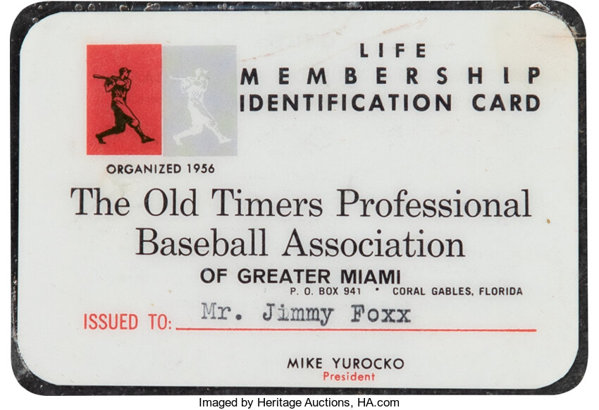 1956 Jimmie Foxx The Old Timers Professional Baseball Association, Lot  #58881