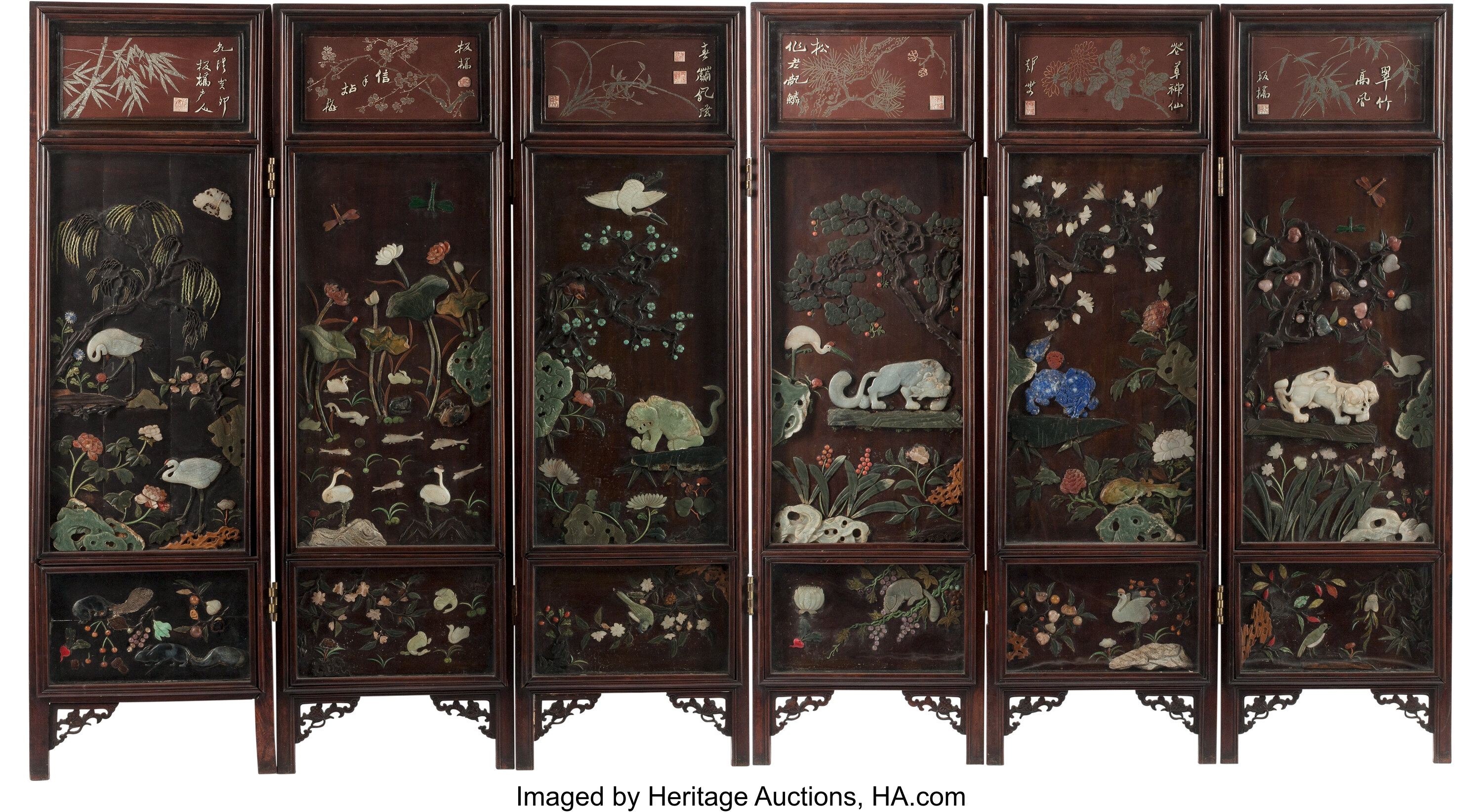 A Chinese Jade and Hardstone-Inlaid Wood Six-Panel Screen, Qing | Lot ...