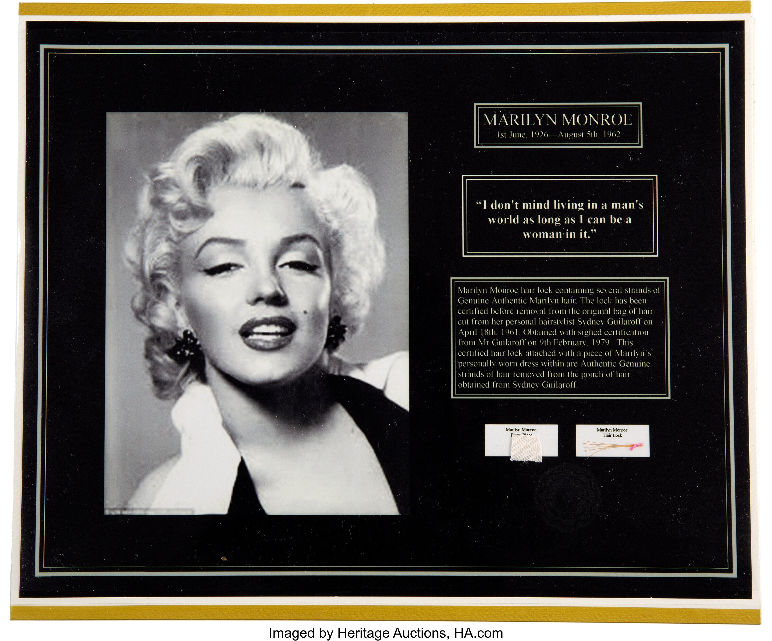 Marilyn Monroe Small Lock of Hair and Piece of Personally Worn | Lot ...