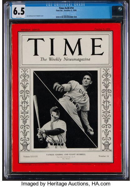 TIME Magazine Cover: Lou Gehrig & Carl Hubbell - Oct. 5, 1936